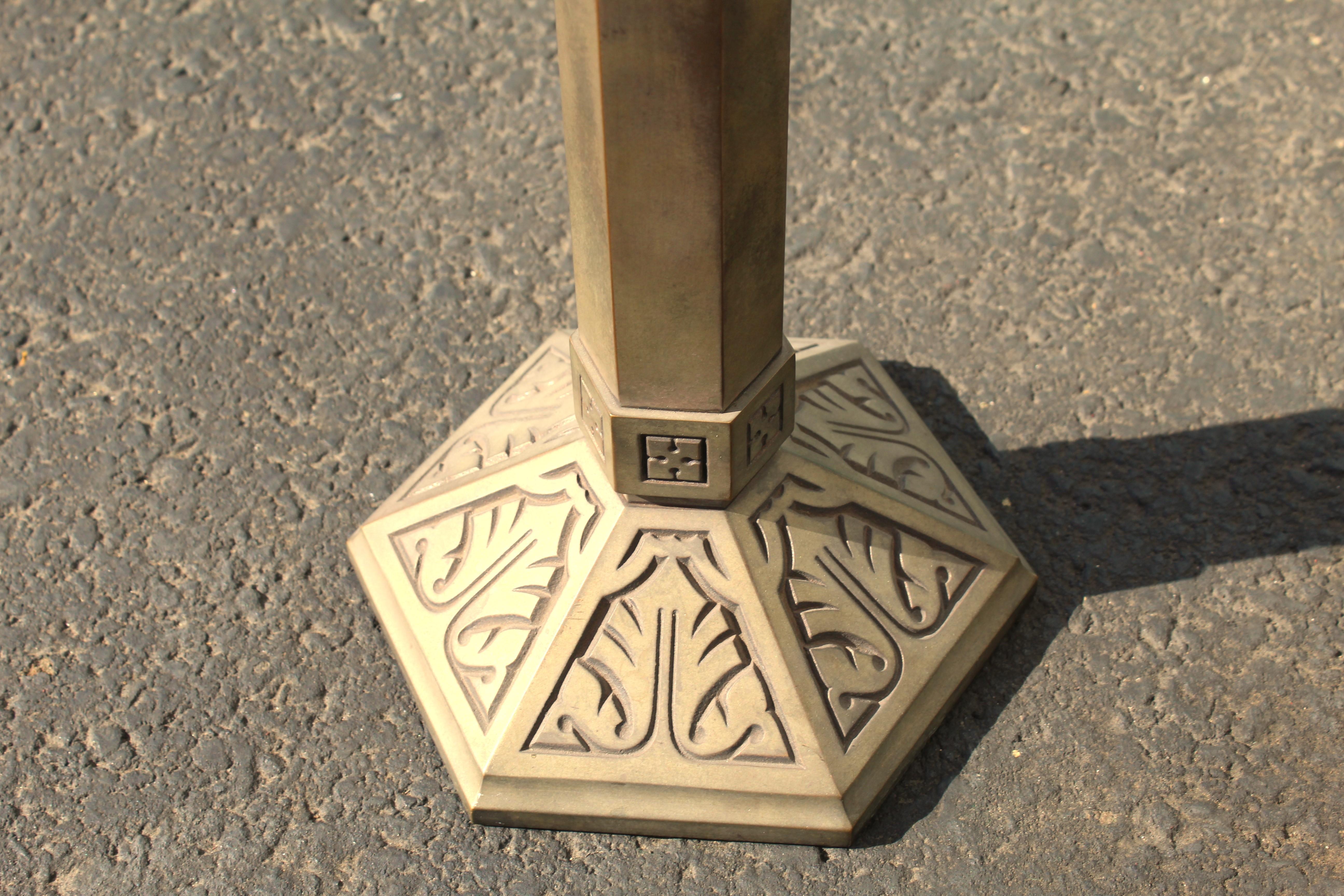 A nice size of candle sticks. Solid brass construction with a modern /deco design on the hexagon base. No makers marks found. Heavy castings and well made. They are well made and can hold large candles. Possibly made for a Church! Look at bottom