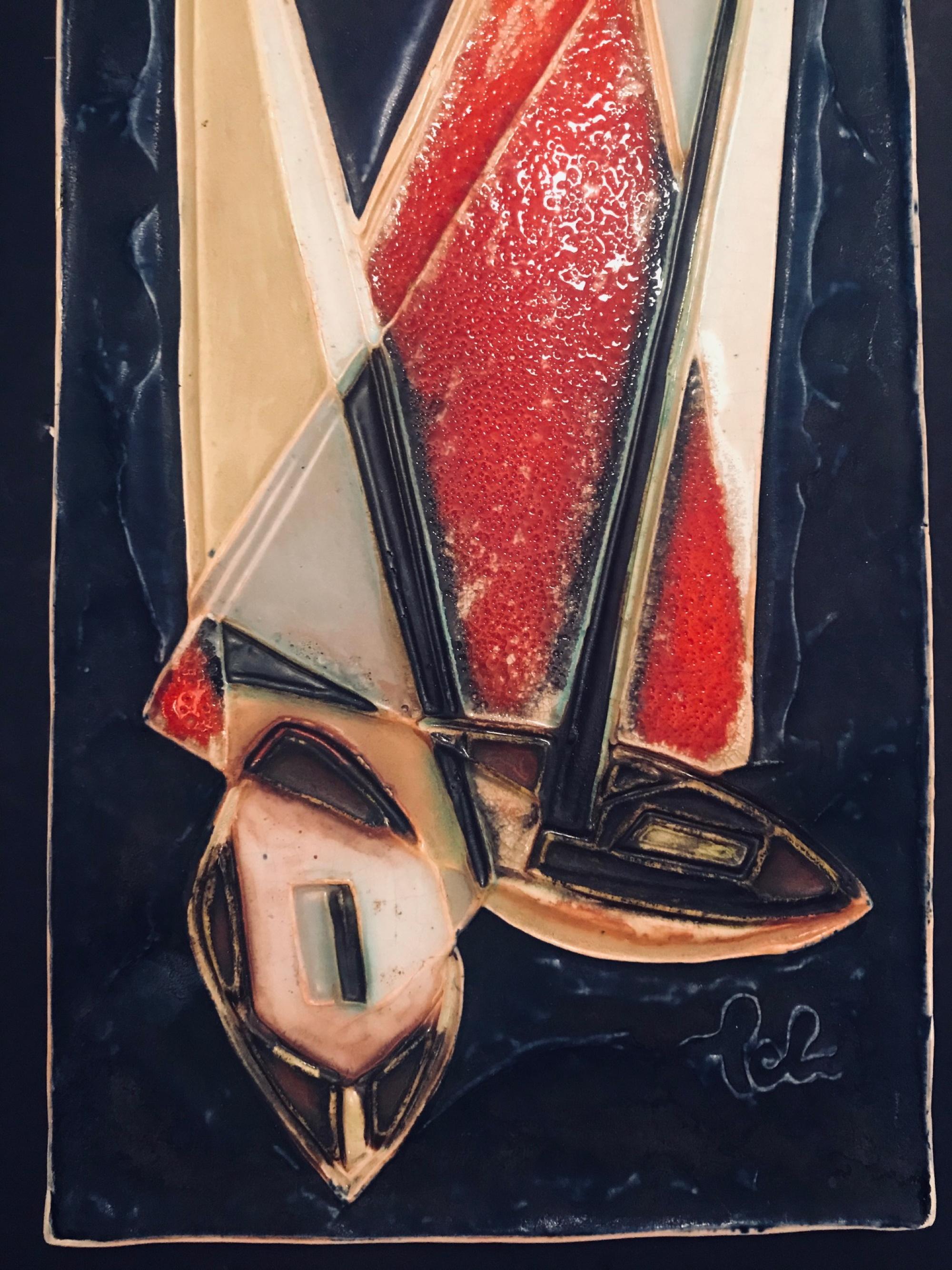 Mid-Century Modern large relief tile handmade fat lava Helmut Schaffenacker ceramic wall plaque sail boats colorful abstract West German art.

Wonderful and colorful midcentury matte glazed tile from the 1950s by renowned Modernist German sculptor,