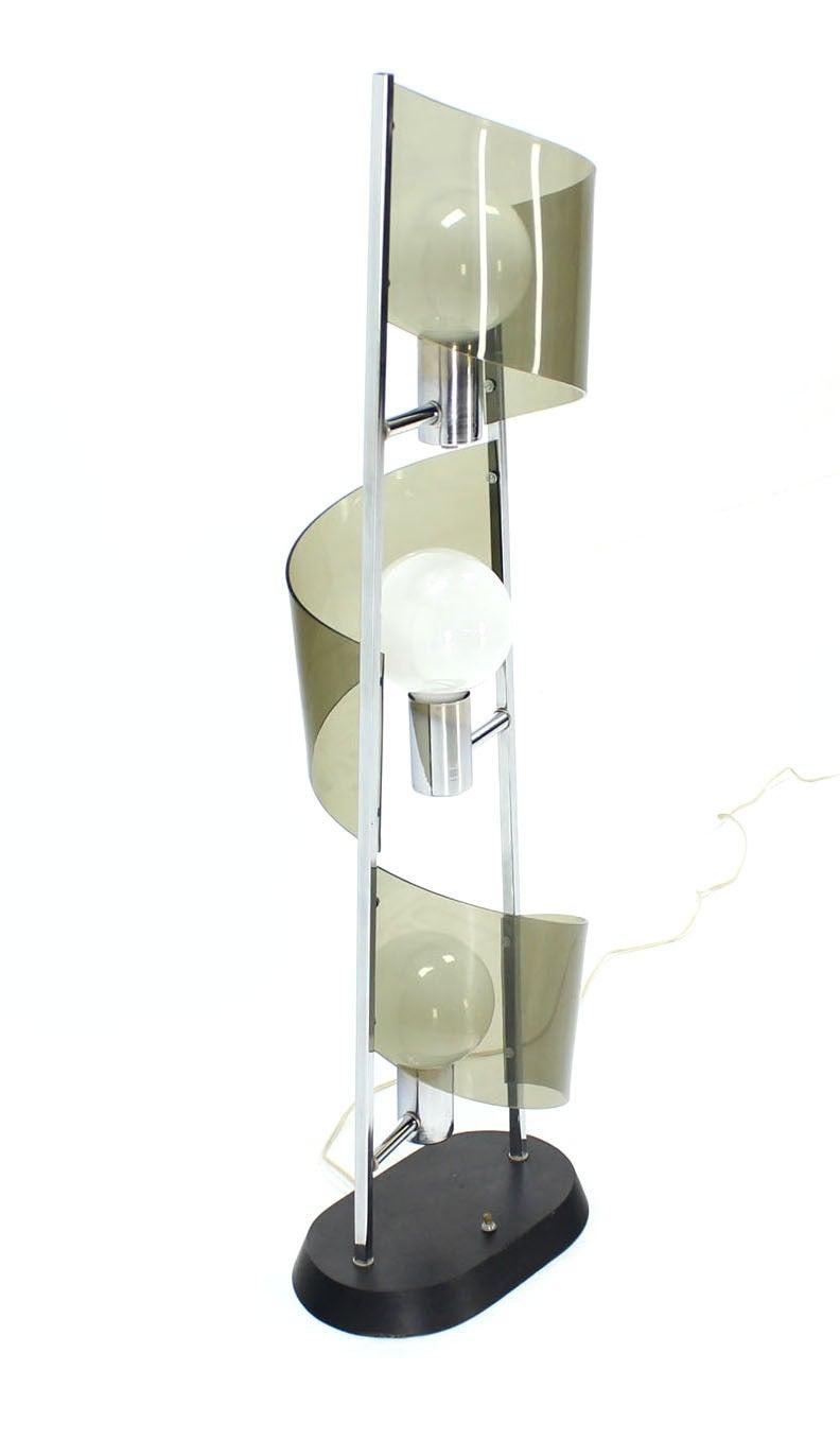 American Mid Century Modern Large Chrome Smoked Lucite Ribbon Shade Table  Floor Lamp  For Sale