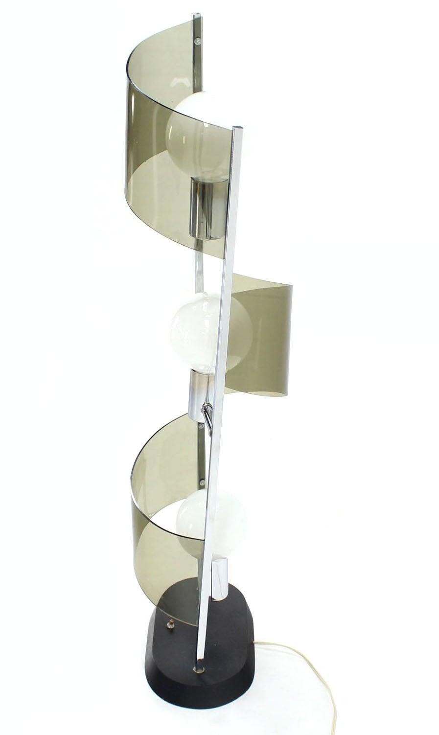 Smoked Glass Mid Century Modern Large Chrome Smoked Lucite Ribbon Shade Table  Floor Lamp  For Sale