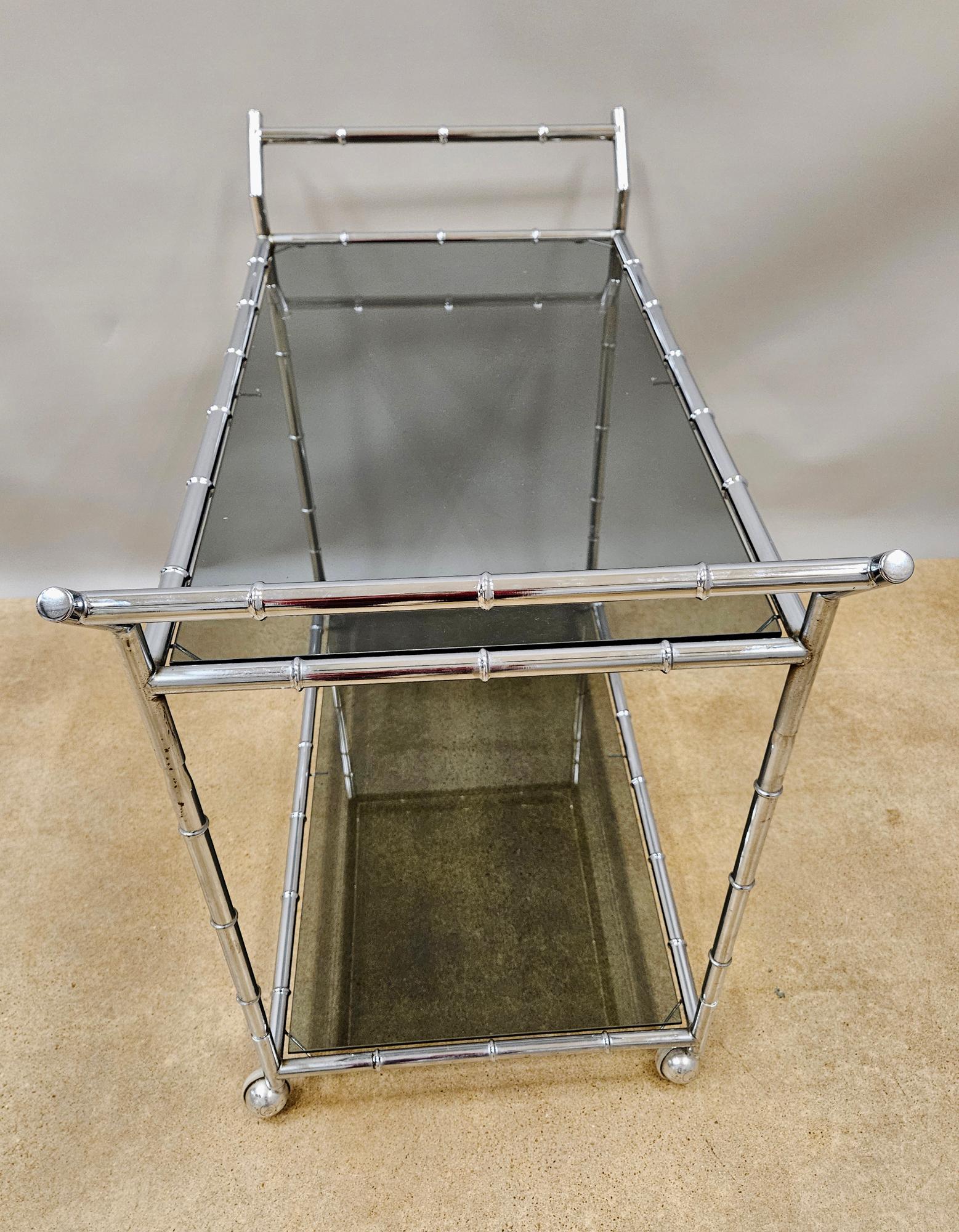 Mid-Century Modern Large Faux Bamboo Steel and Smoked Glass Bar Cart For Sale 4