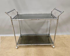Mid-Century Modern Large Faux Bamboo Steel and Smoked Glass Bar Cart