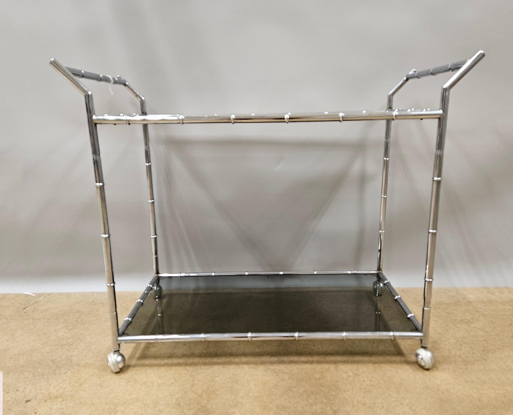Organic Modern Mid-Century Modern Large Faux Bamboo Steel and Smoked Glass Bar Cart For Sale