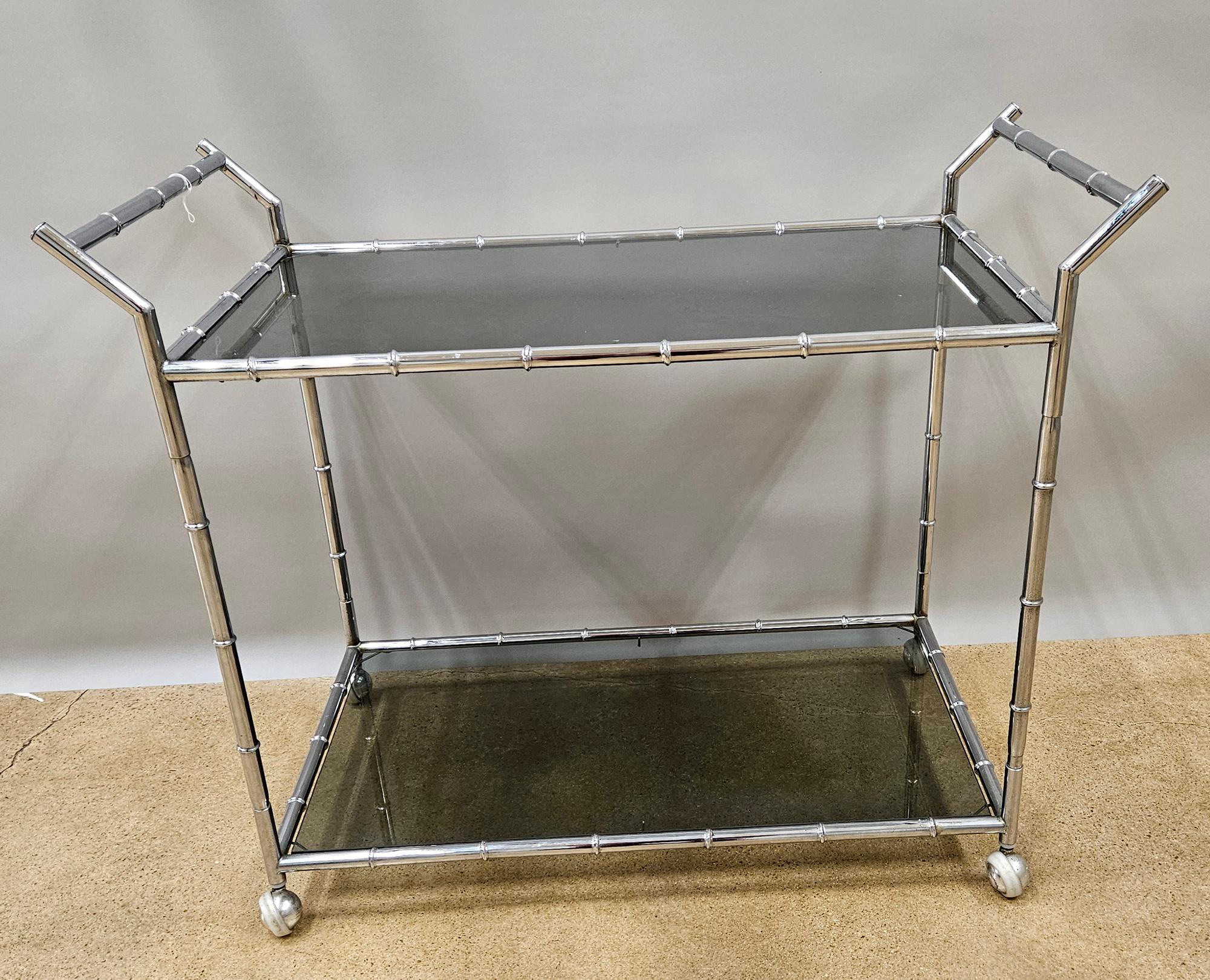 American Mid-Century Modern Large Faux Bamboo Steel and Smoked Glass Bar Cart For Sale
