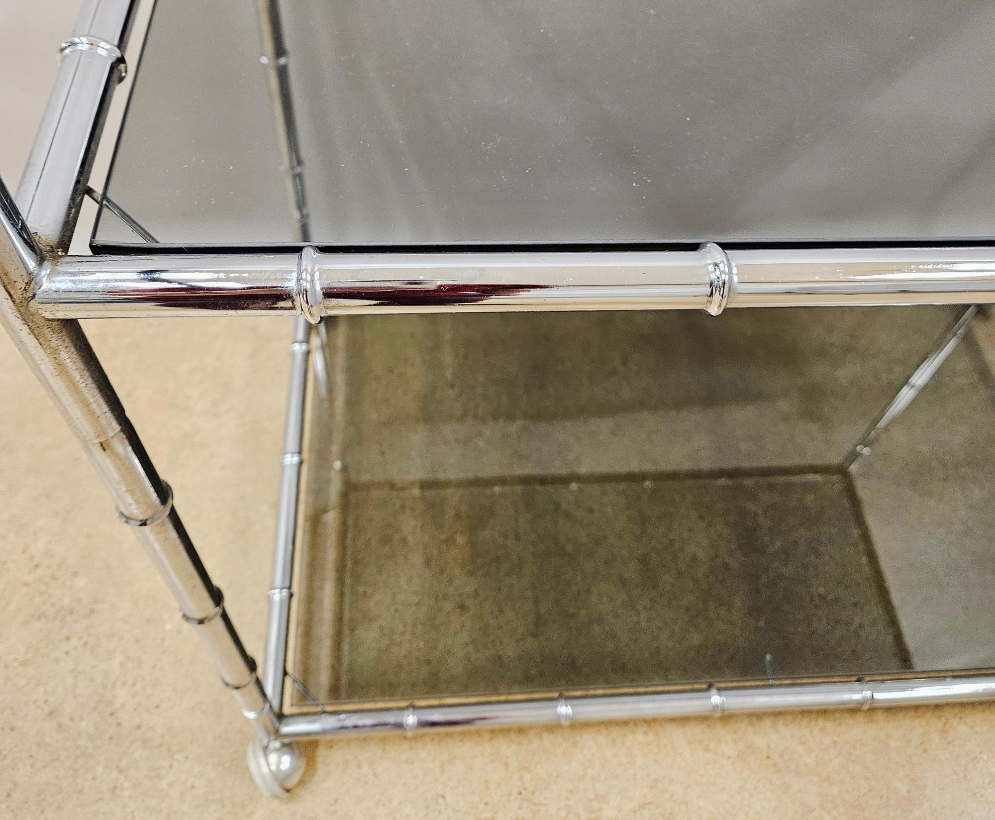 Mid-Century Modern Large Faux Bamboo Steel and Smoked Glass Bar Cart For Sale 2