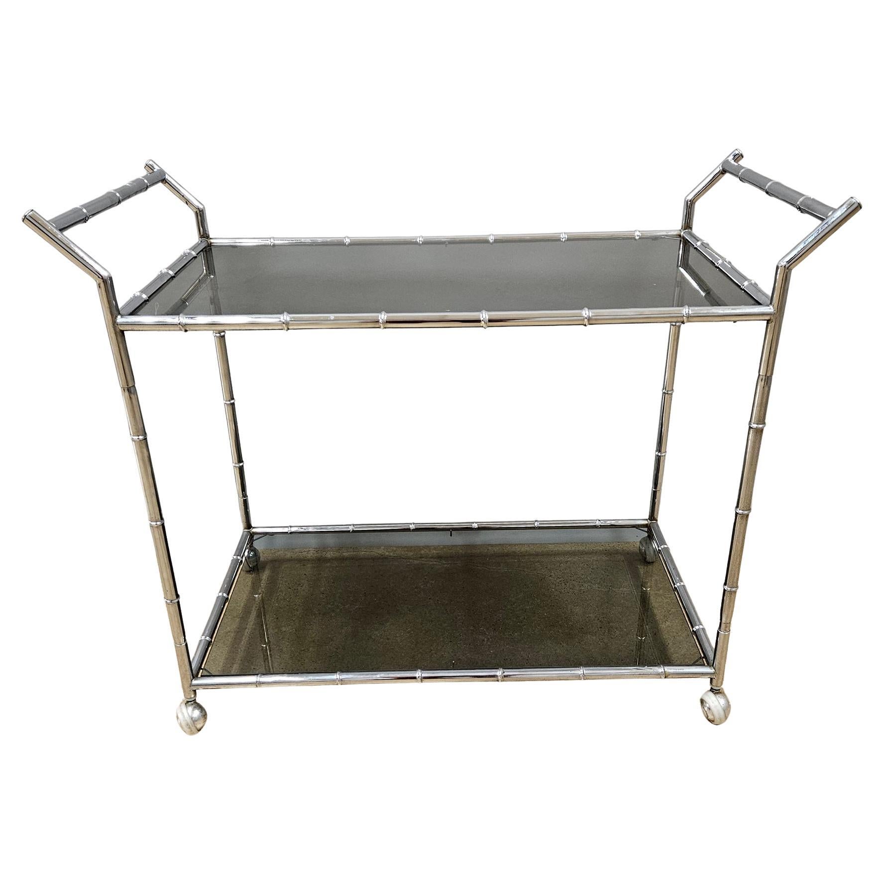 Mid-Century Modern Large Faux Bamboo Steel and Smoked Glass Bar Cart For Sale