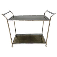 Mid-Century Modern Large Faux Bamboo Steel and Smoked Glass Bar Cart