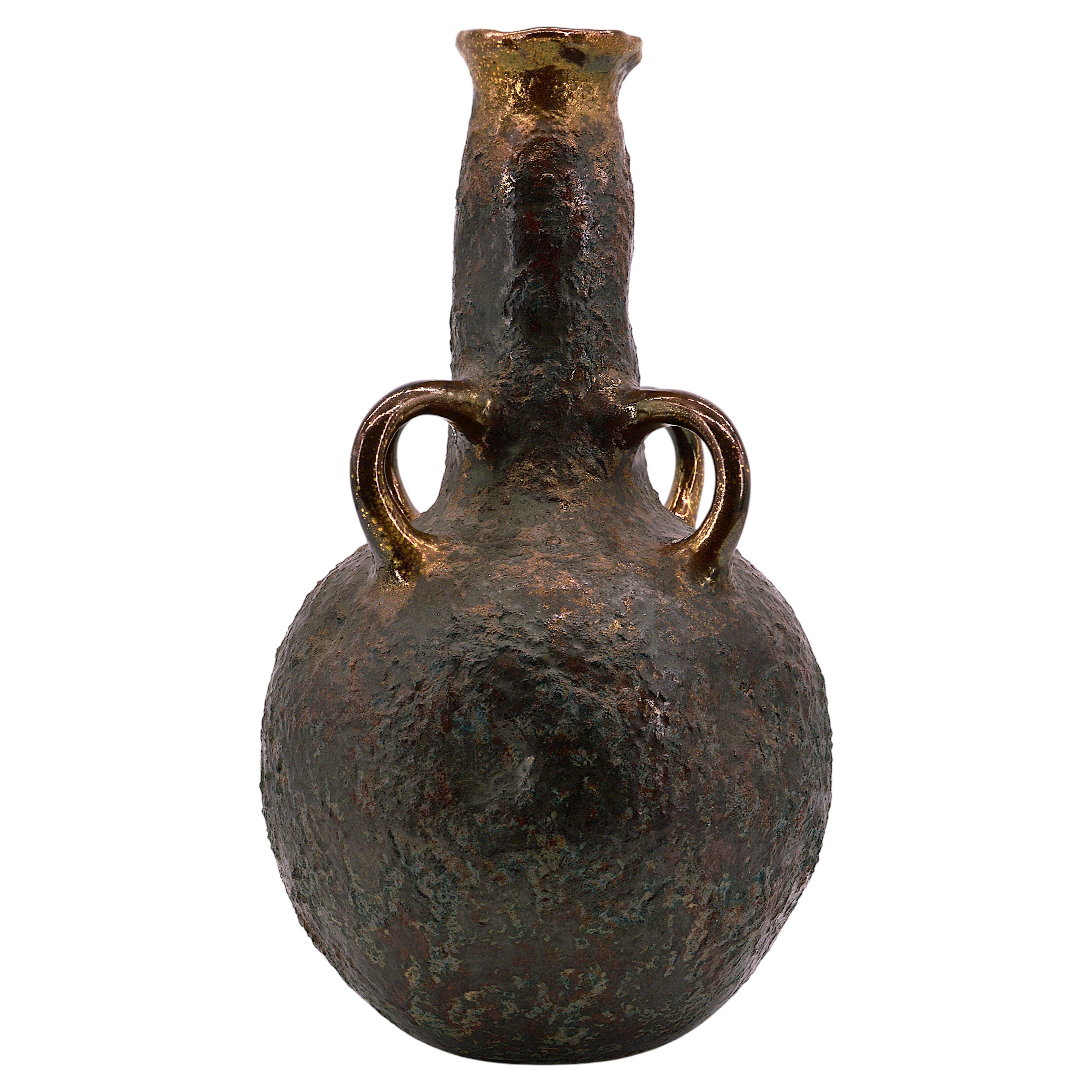 Mid-Century Modern Large French Stoneware Vase with Four Handles For Sale