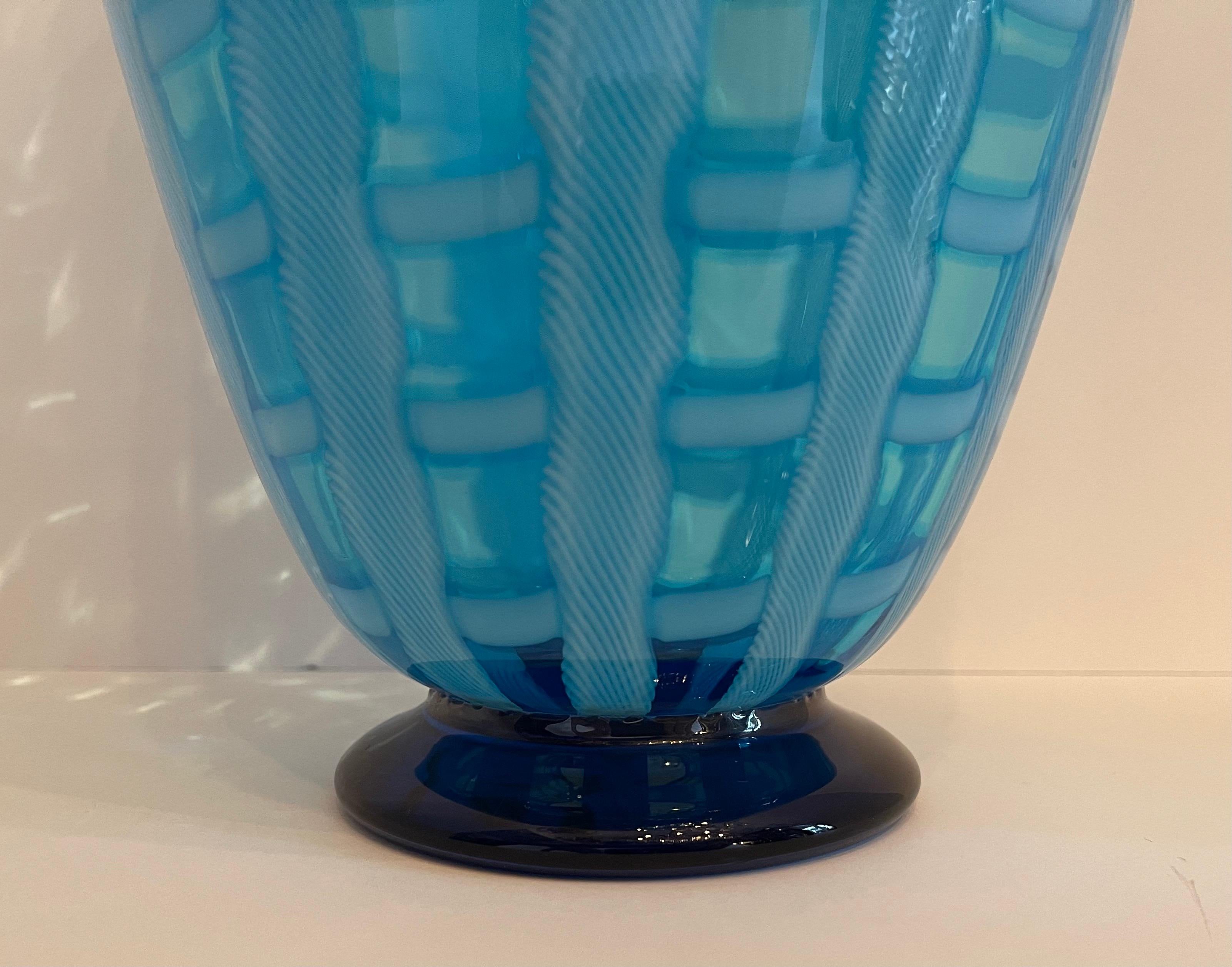 Italian Mid-Century Modern Large Gino Cenedese Murano Blue Art Glass Stripped Vase For Sale