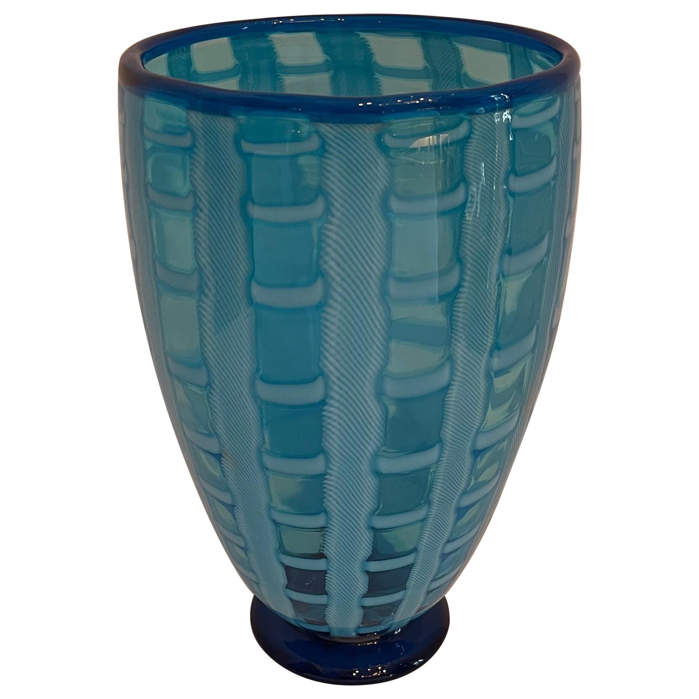 Mid-Century Modern Large Gino Cenedese Murano Blue Art Glass Stripped Vase