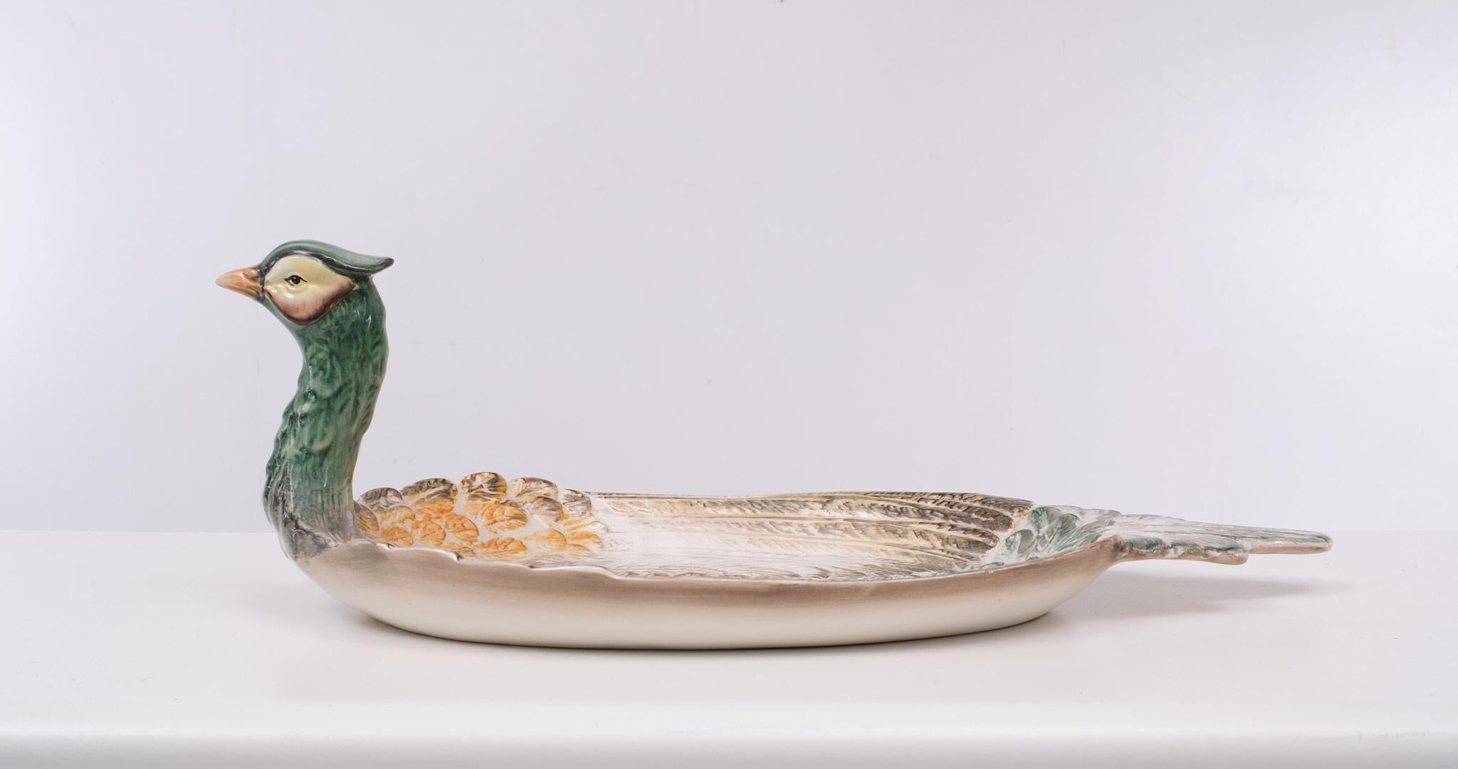 Mid century  modern large Italian ceramic Peacock  fruit platter For Sale 2