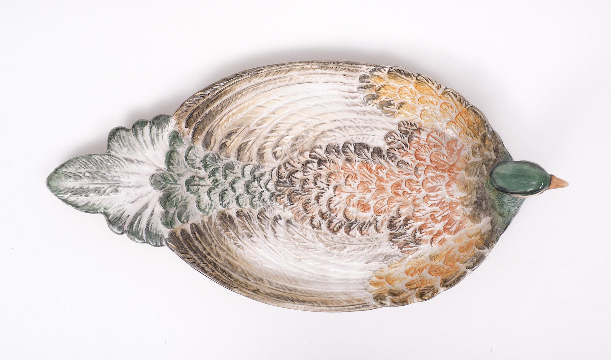 Mid-Century Modern Mid century  modern large Italian ceramic Peacock  fruit platter For Sale