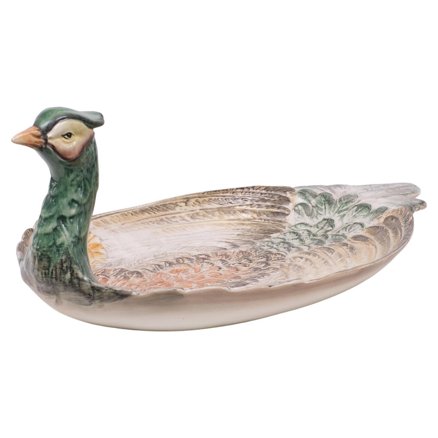 Mid century  modern large Italian ceramic Peacock  fruit platter For Sale