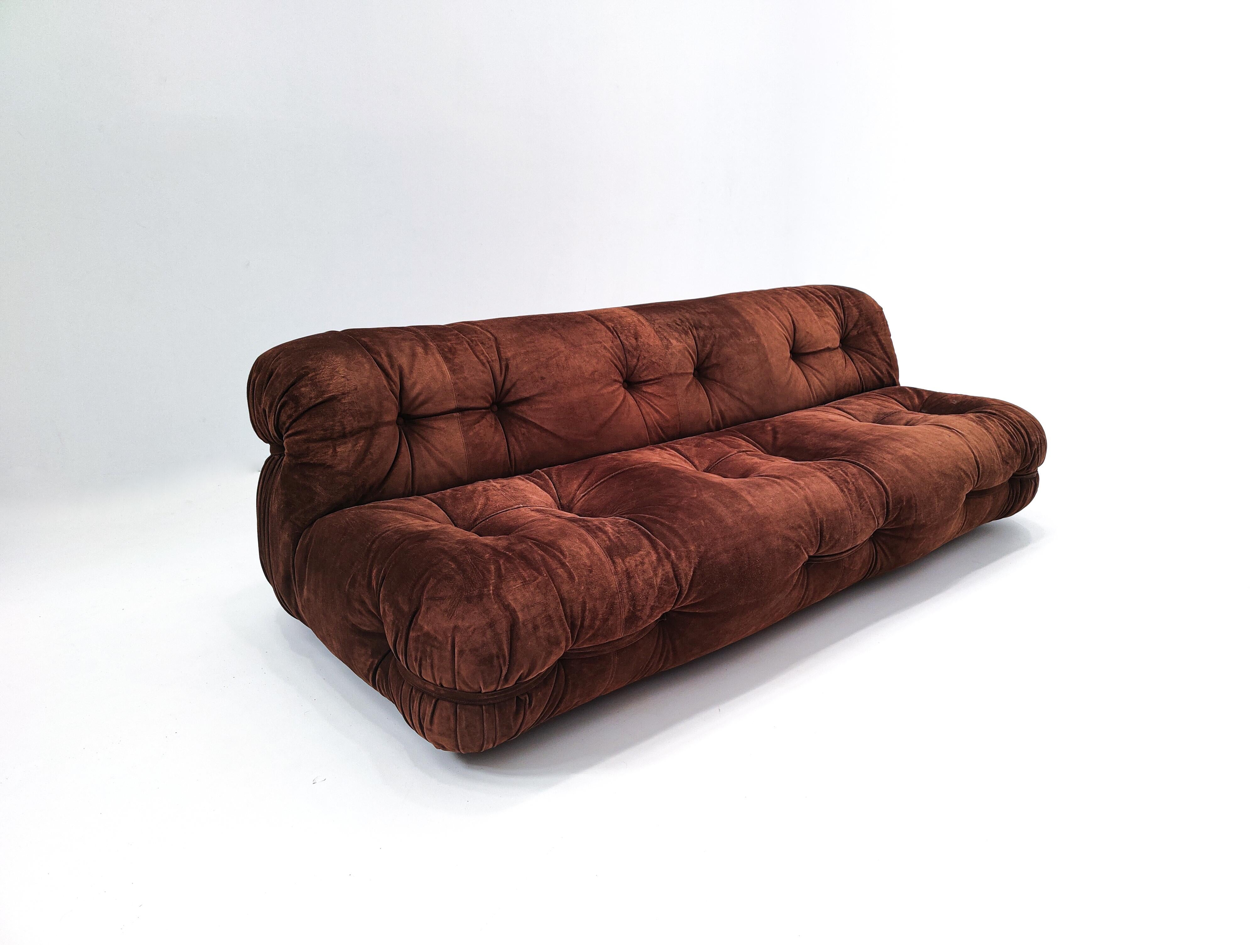 Mid-Century Modern large Italian sofa, original brown velvet, 1970s.