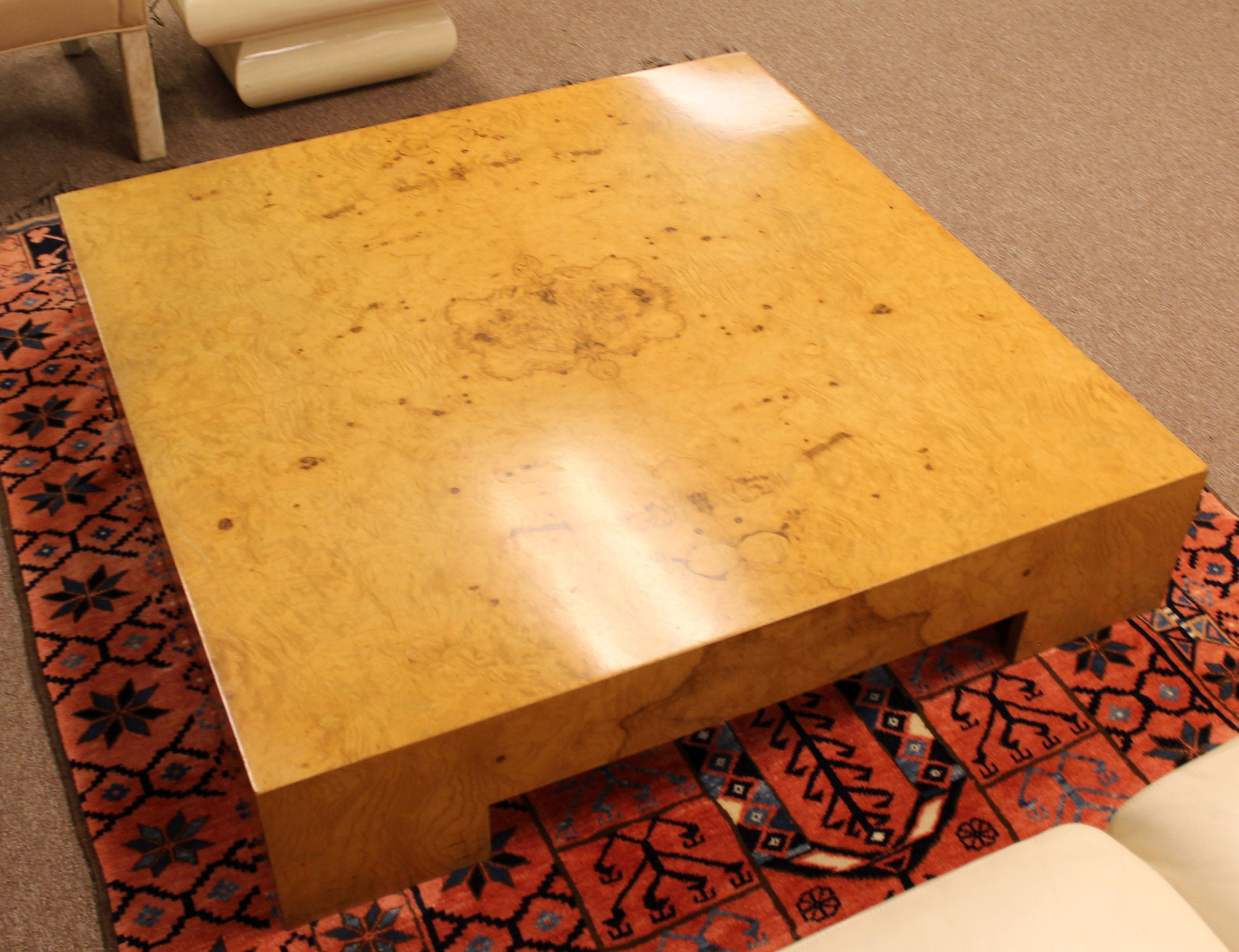 American Mid-Century Modern Large Low Parsons Square Burl Wood Coffee Table Milo Baughman