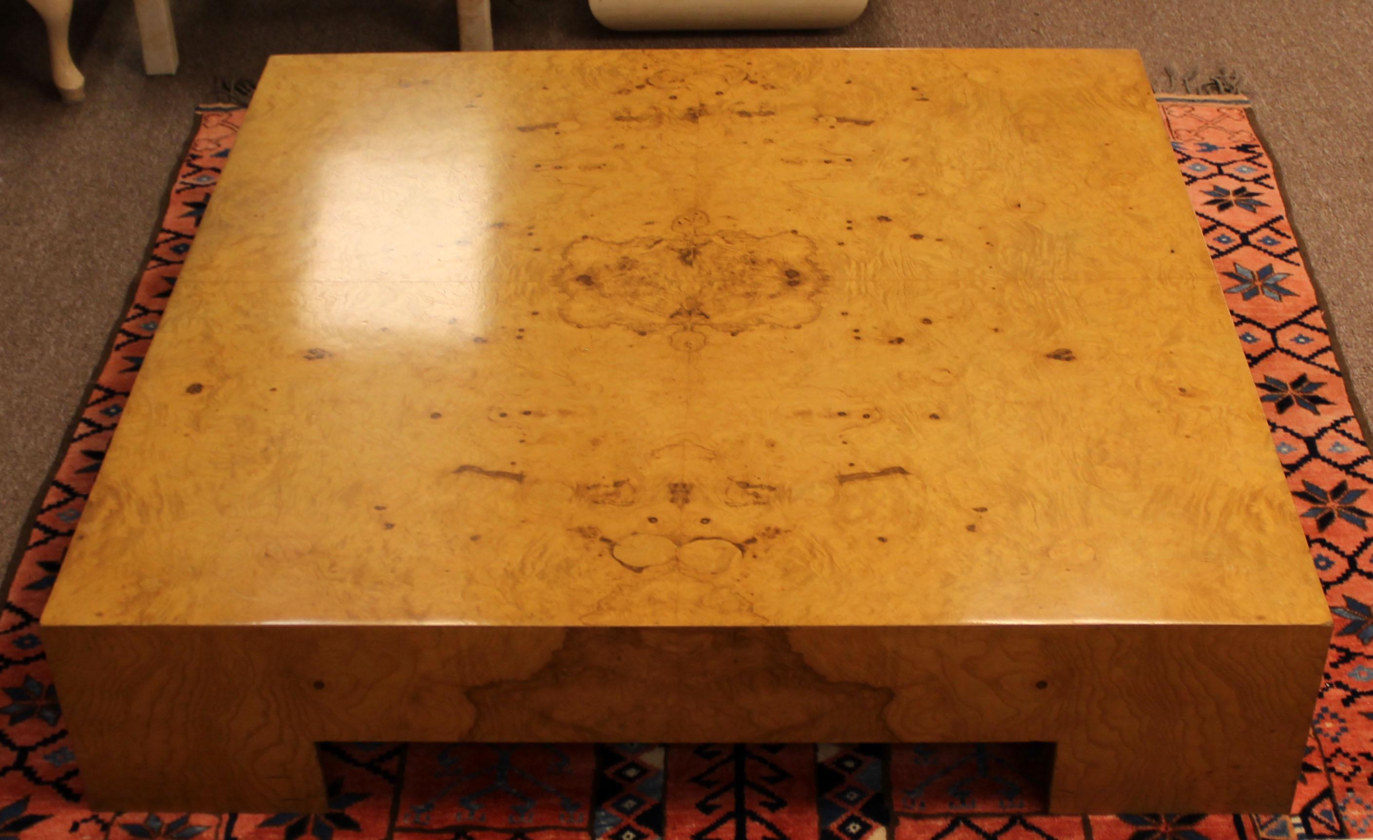 Mid-Century Modern Large Low Parsons Square Burl Wood Coffee Table Milo Baughman In Good Condition In Keego Harbor, MI