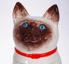 Mid-Century Modern Large Majolica Sitting Siamese Cat Jar & Lid Italy 1960s-1970