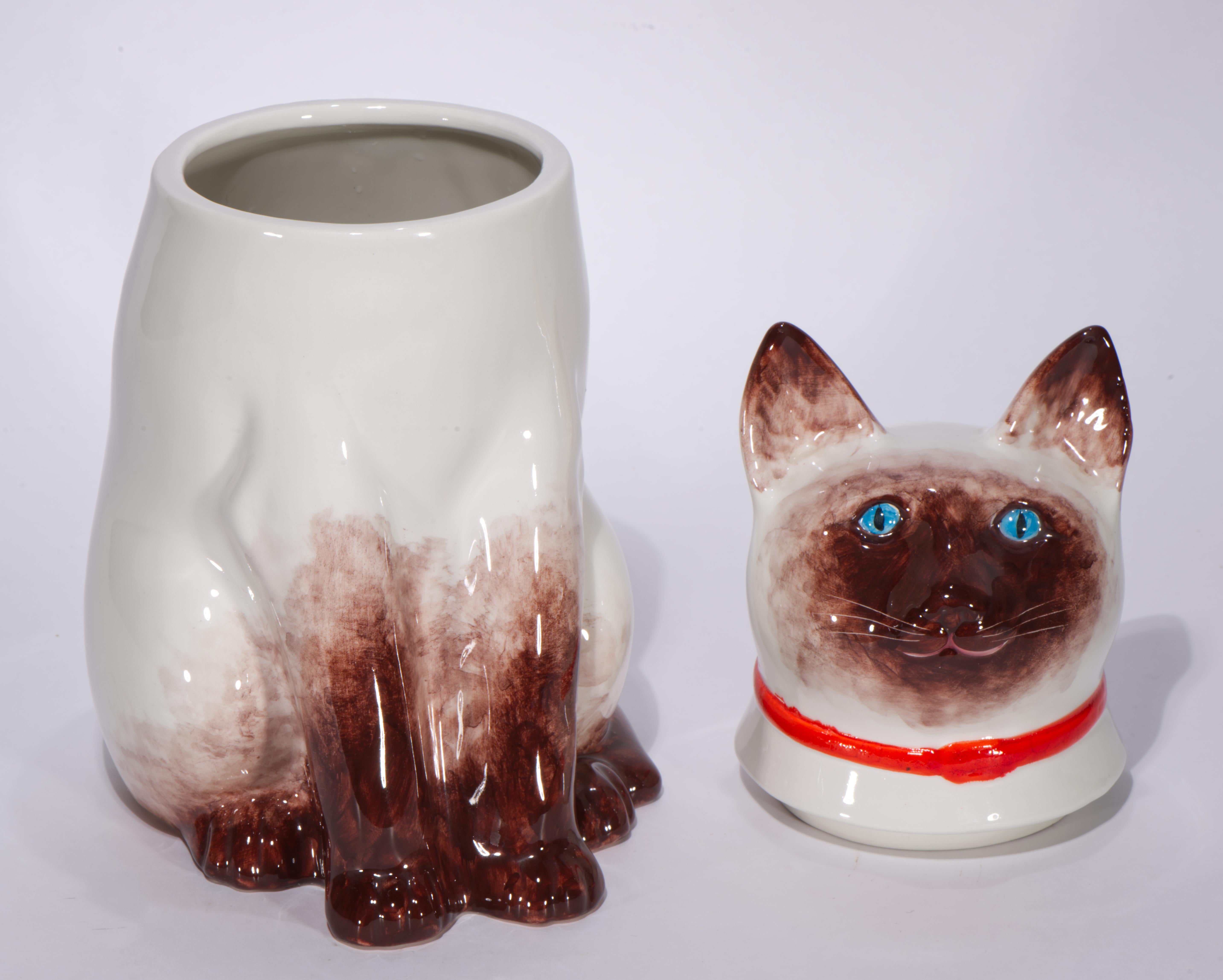 Vaso e coperchio in maiolica di grandi dimensioni in stile Mid-Century Modern con gatto siamese seduto Italia 1960-1970 in vendita 1