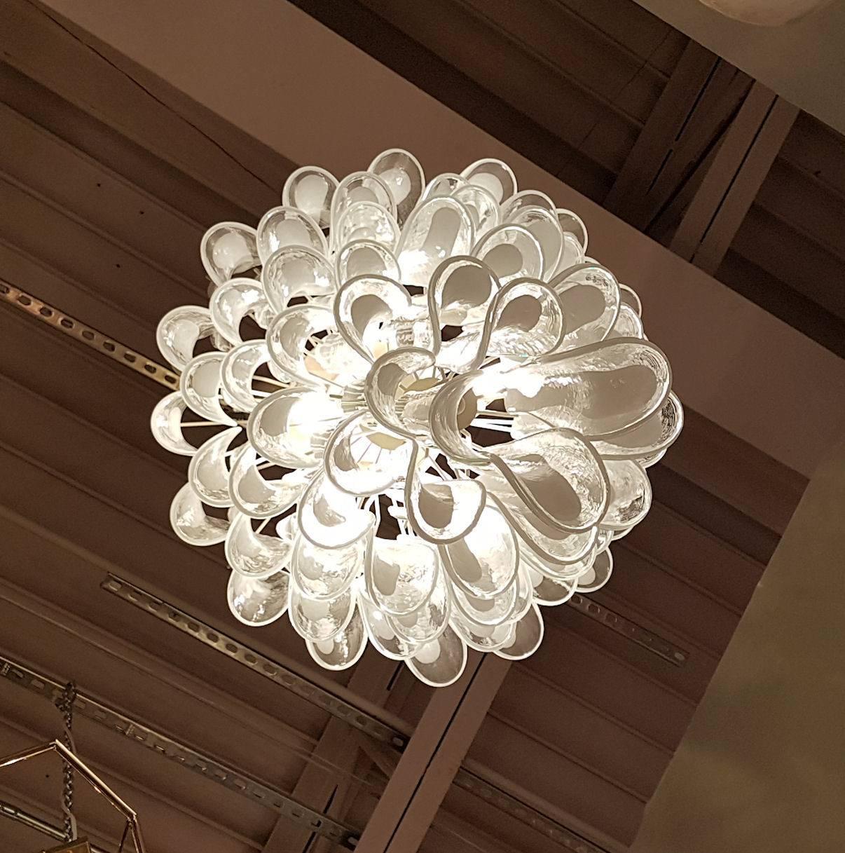 Italian Mid-Century Modern Large Mazzega White/Clear Murano Petals Chandelier