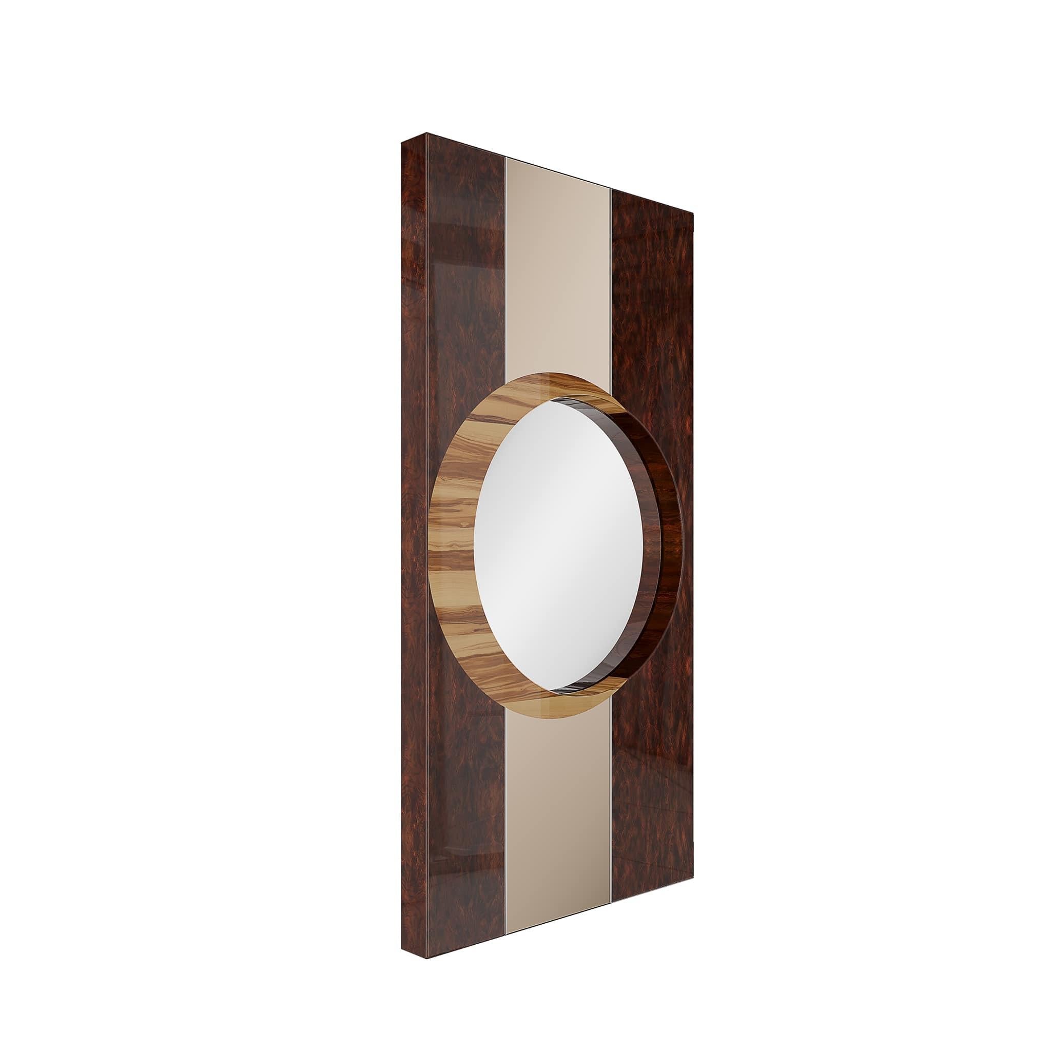 Mid-Century Modern Großer Spiegel rechteckiger Rahmen Holzrahmen mit rundem Spiegel 
Der Elyse Mirror ist ein moderner rechteckiger Wandspiegel, der in jedem einzigartigen Einrichtungsprojekt auffällt. Ein großer rechteckiger Holzrahmen mit einem