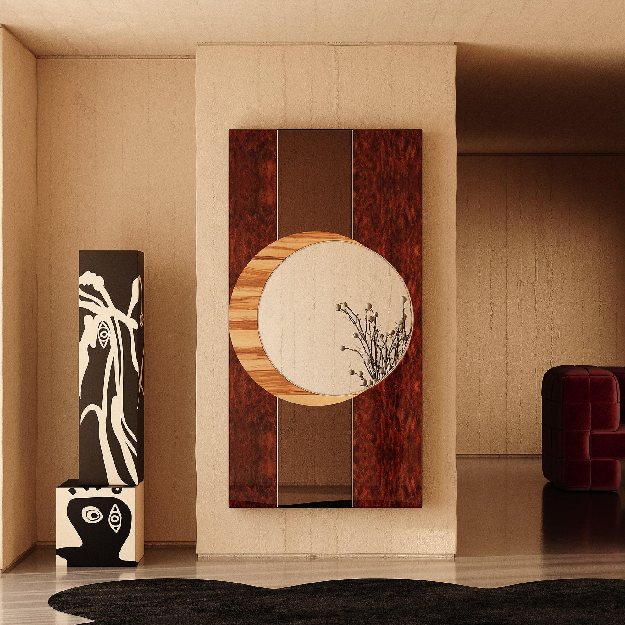 Mid-Century Modern Großer Spiegel rechteckiger Rahmen Holzrahmen mit rundem Spiegel (Moderne der Mitte des Jahrhunderts) im Angebot