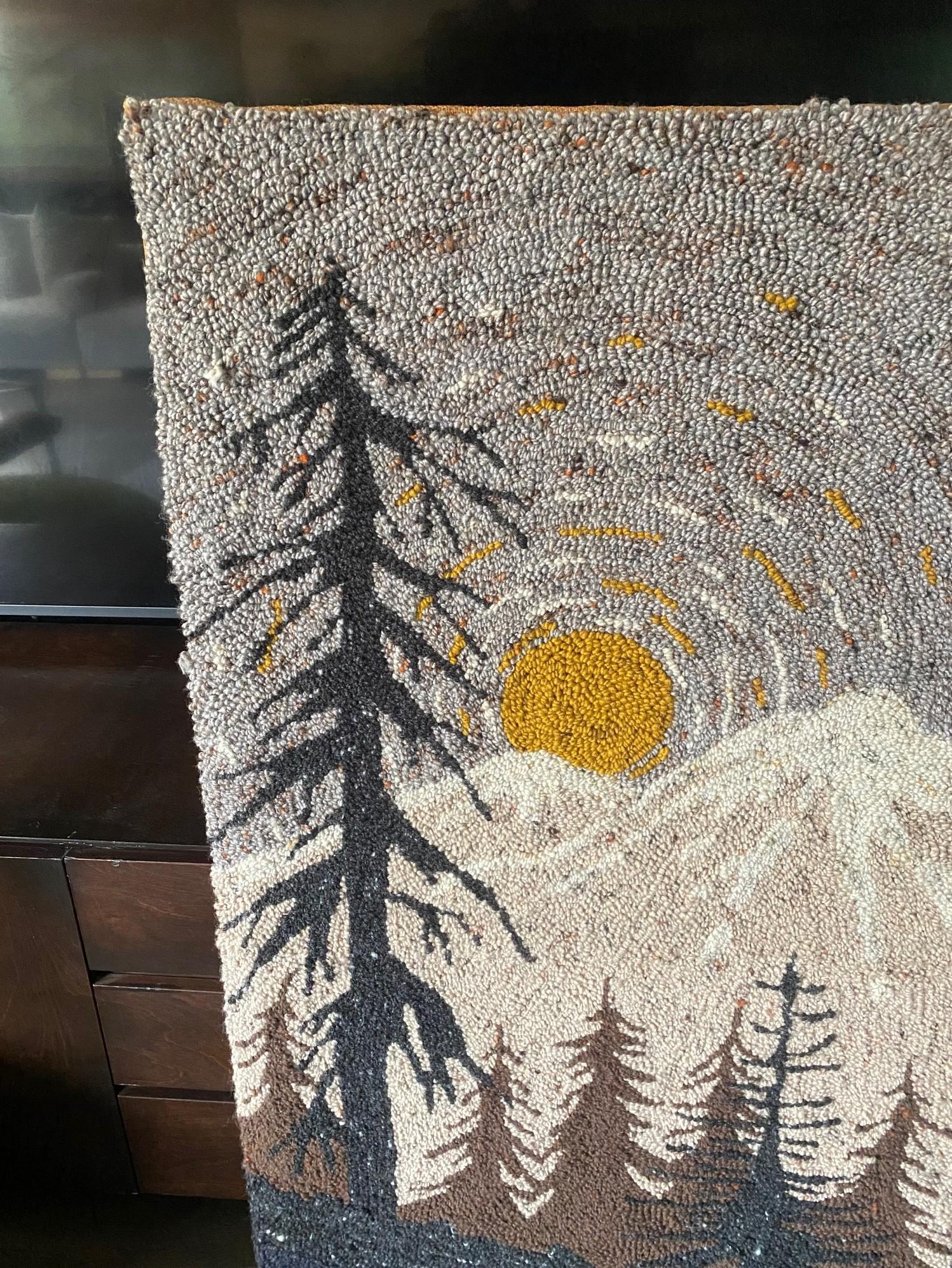 Hand-Crafted Mid-Century Modern Large Mountain Forest Landscape Tapestry Art Wall Hanging For Sale