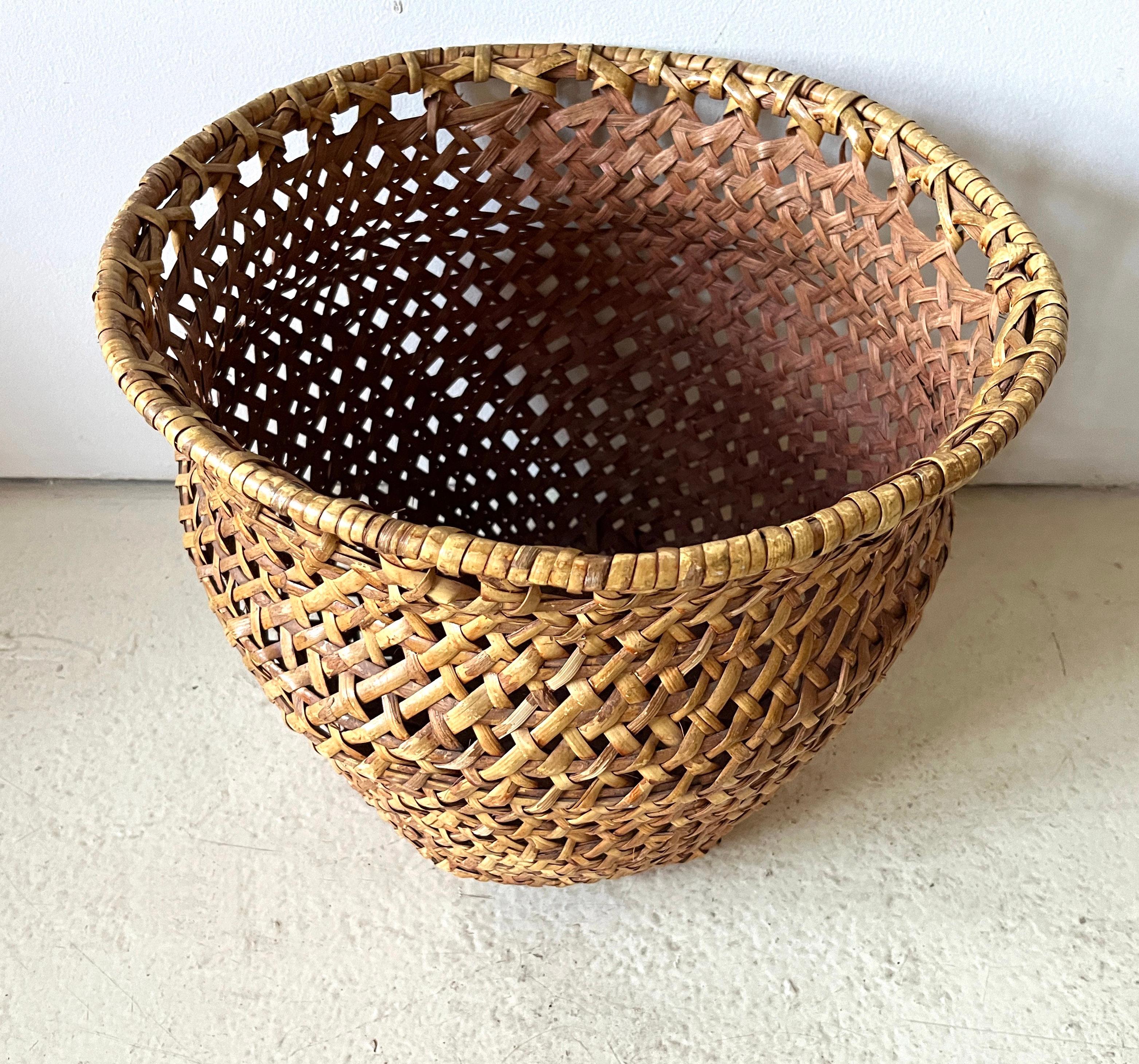 Mid-Century Modern Mid-century Modern Large Open-Weave Rattan Wicker Storage Basket, Plant Holder For Sale