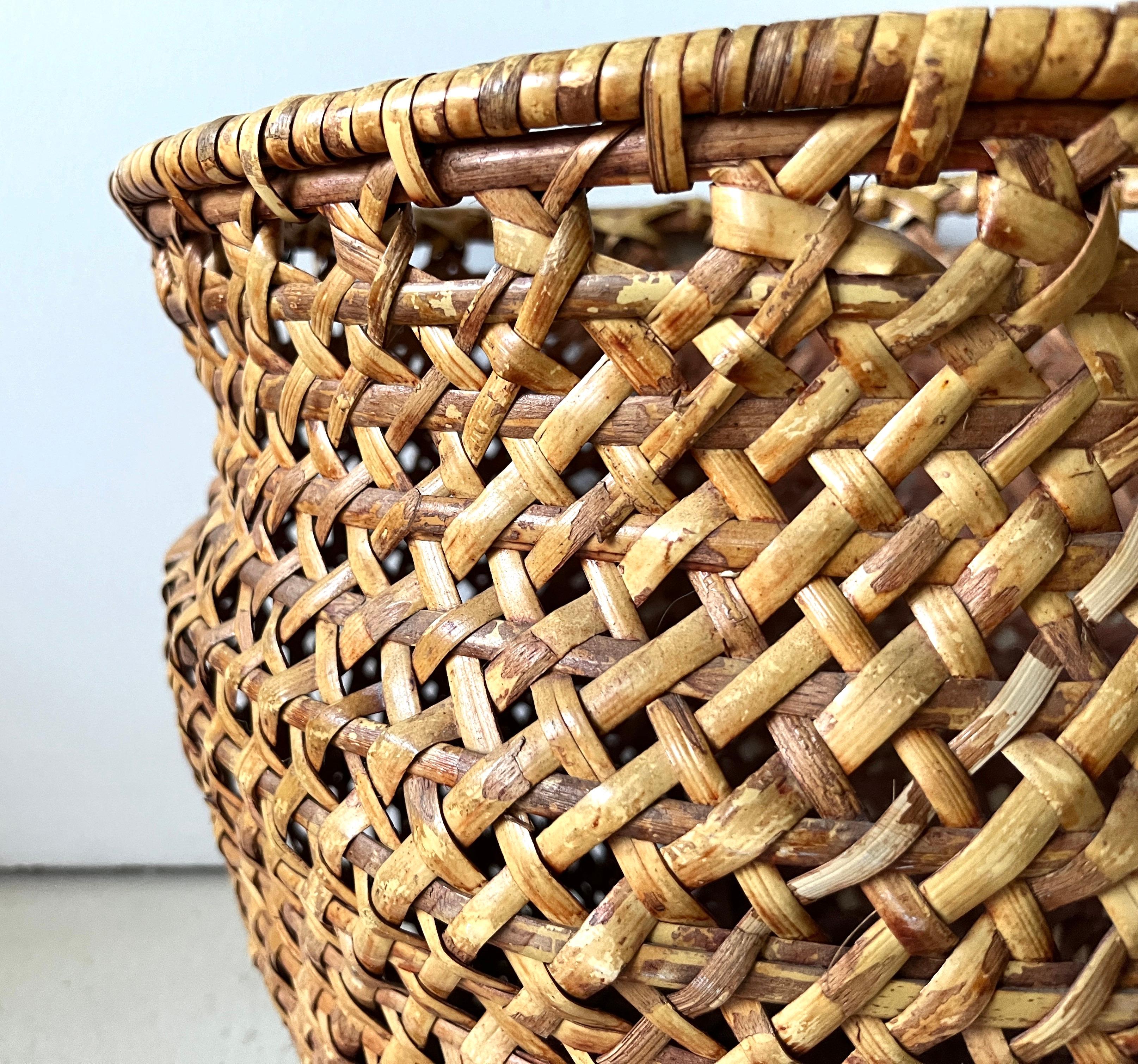 Unknown Mid-century Modern Large Open-Weave Rattan Wicker Storage Basket, Plant Holder For Sale