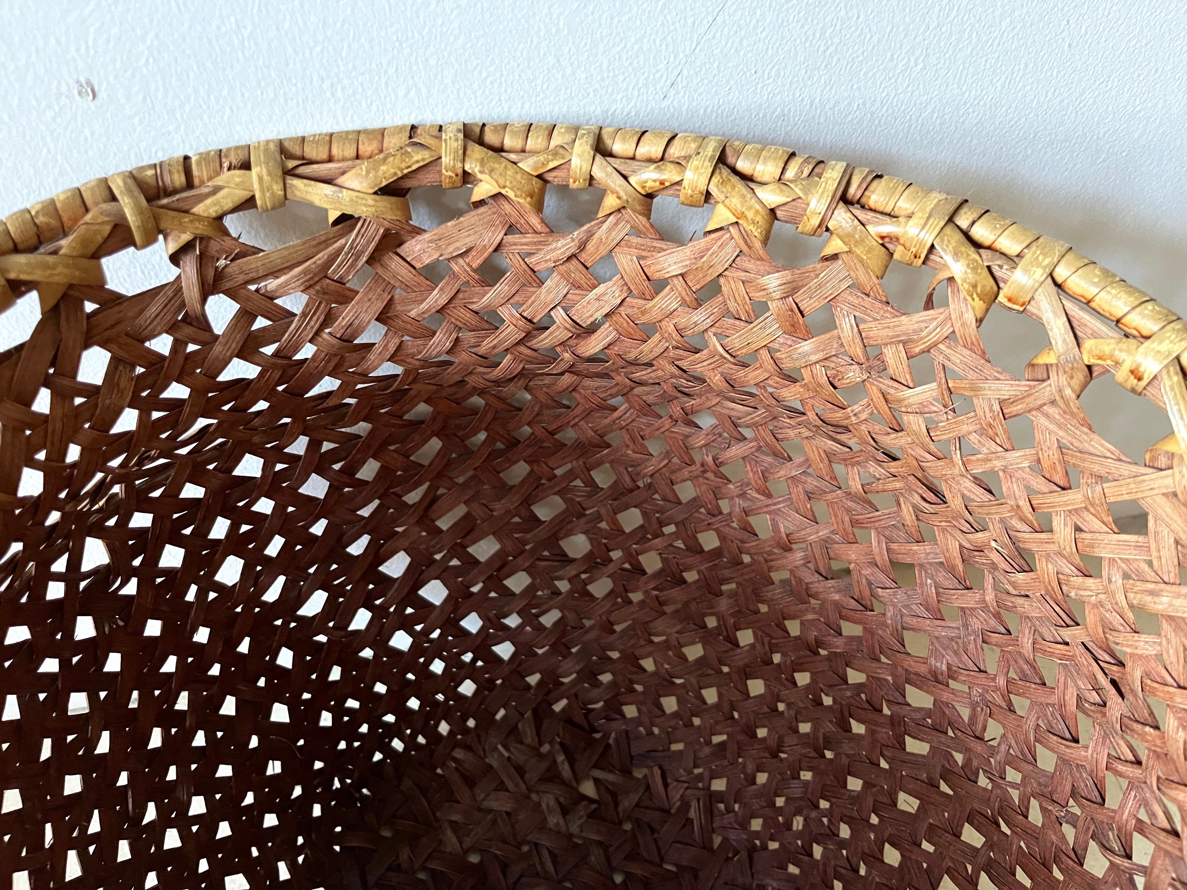 Hand-Woven Mid-century Modern Large Open-Weave Rattan Wicker Storage Basket, Plant Holder For Sale