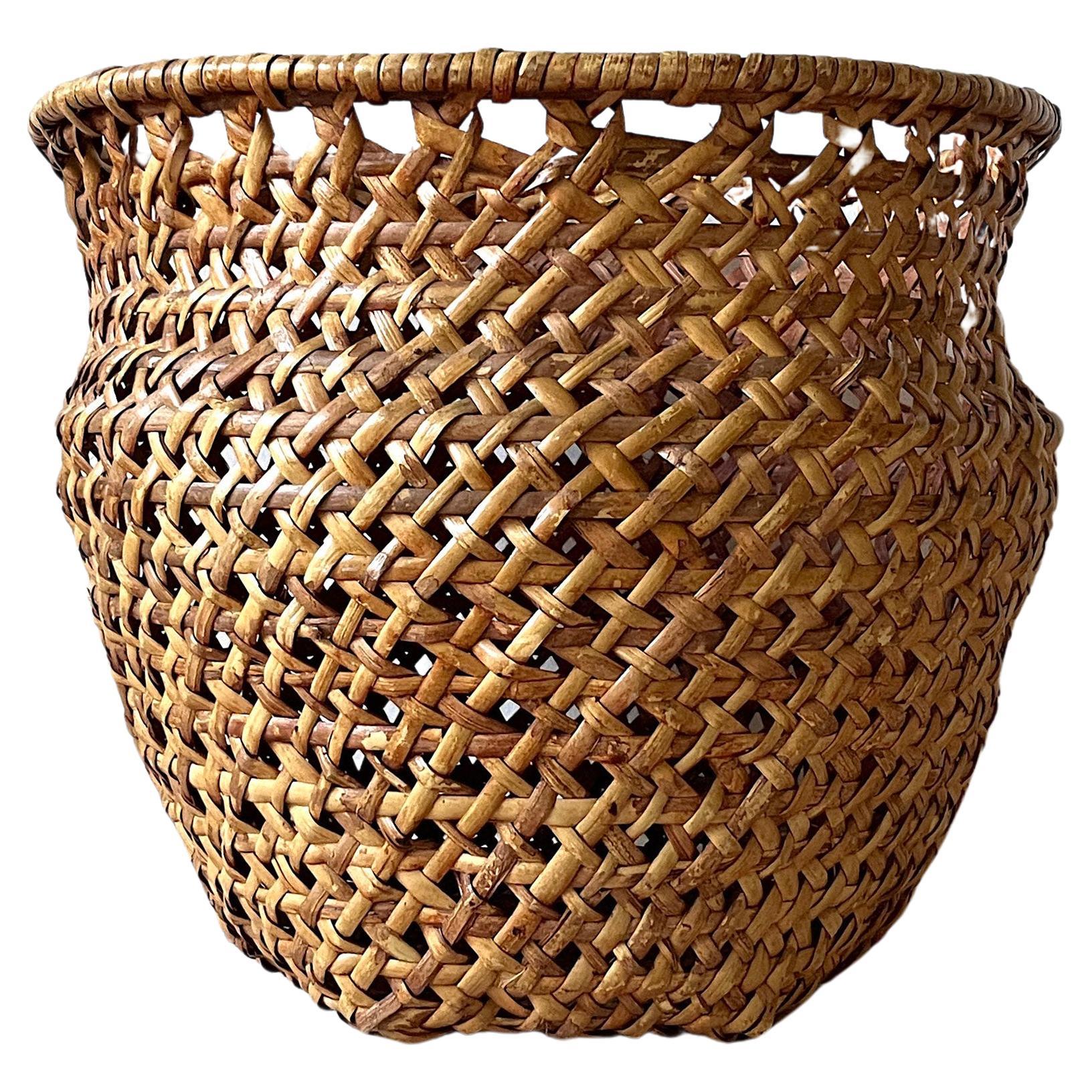 Mid-century Modern Large Open-Weave Rattan Wicker Storage Basket, Plant Holder For Sale