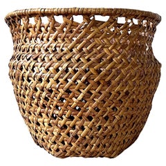 Retro Mid-century Modern Large Open-Weave Rattan Wicker Storage Basket, Plant Holder