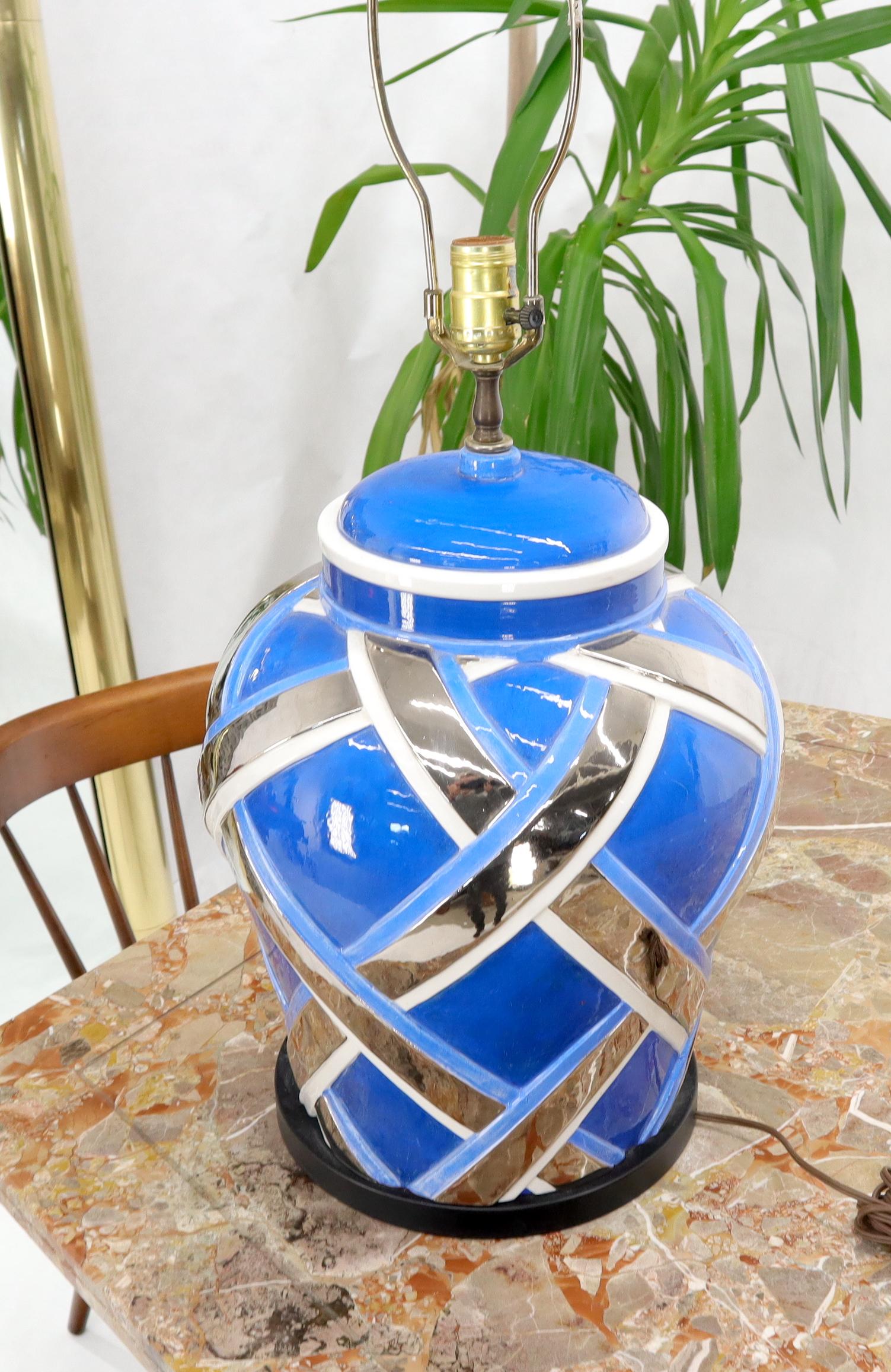 American Mid-Century Modern Large Oversize Glazed Pottery Table lamp Blue and Chrome For Sale