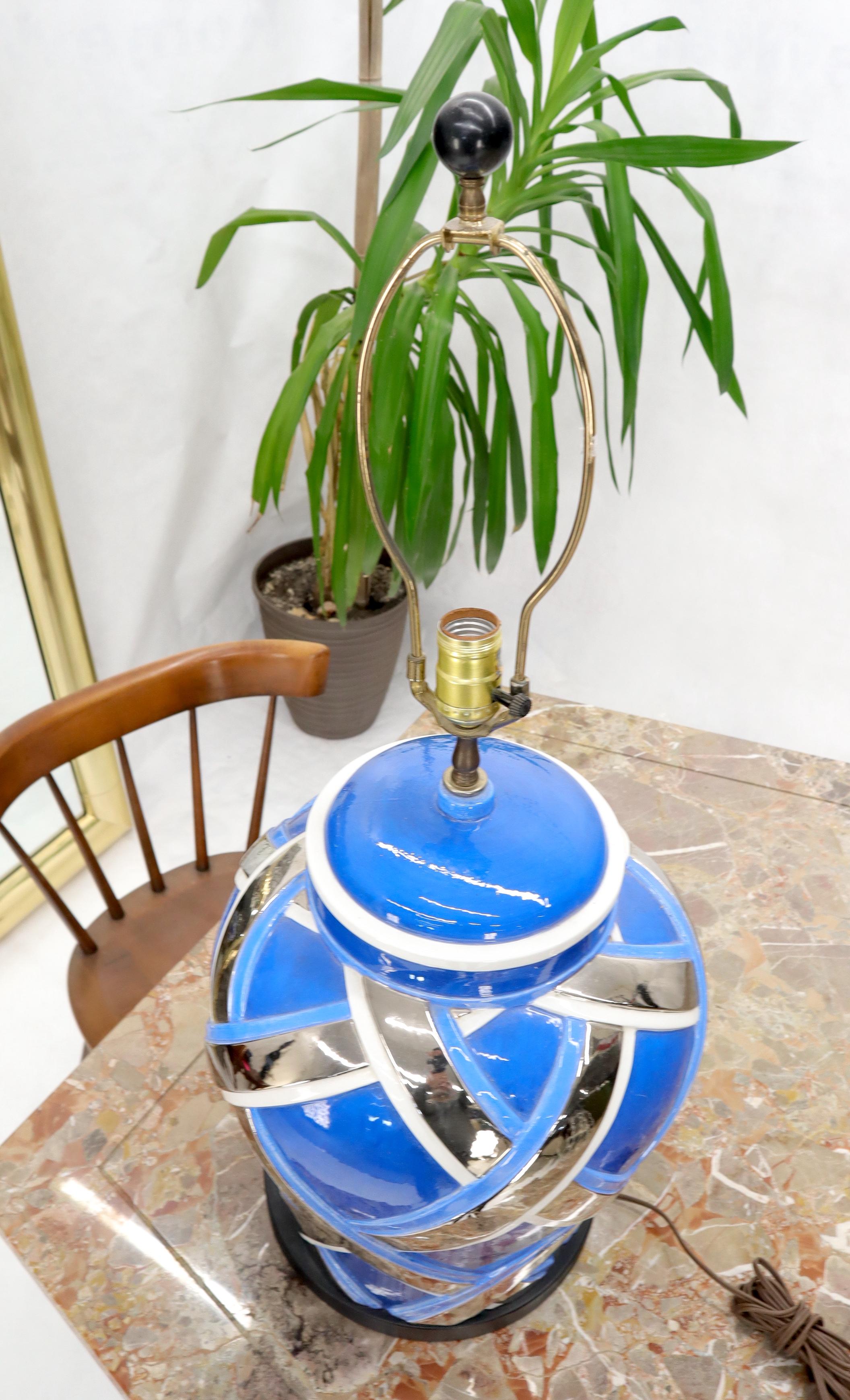 Mid-Century Modern Large Oversize Glazed Pottery Table lamp Blue and Chrome In Good Condition For Sale In Rockaway, NJ
