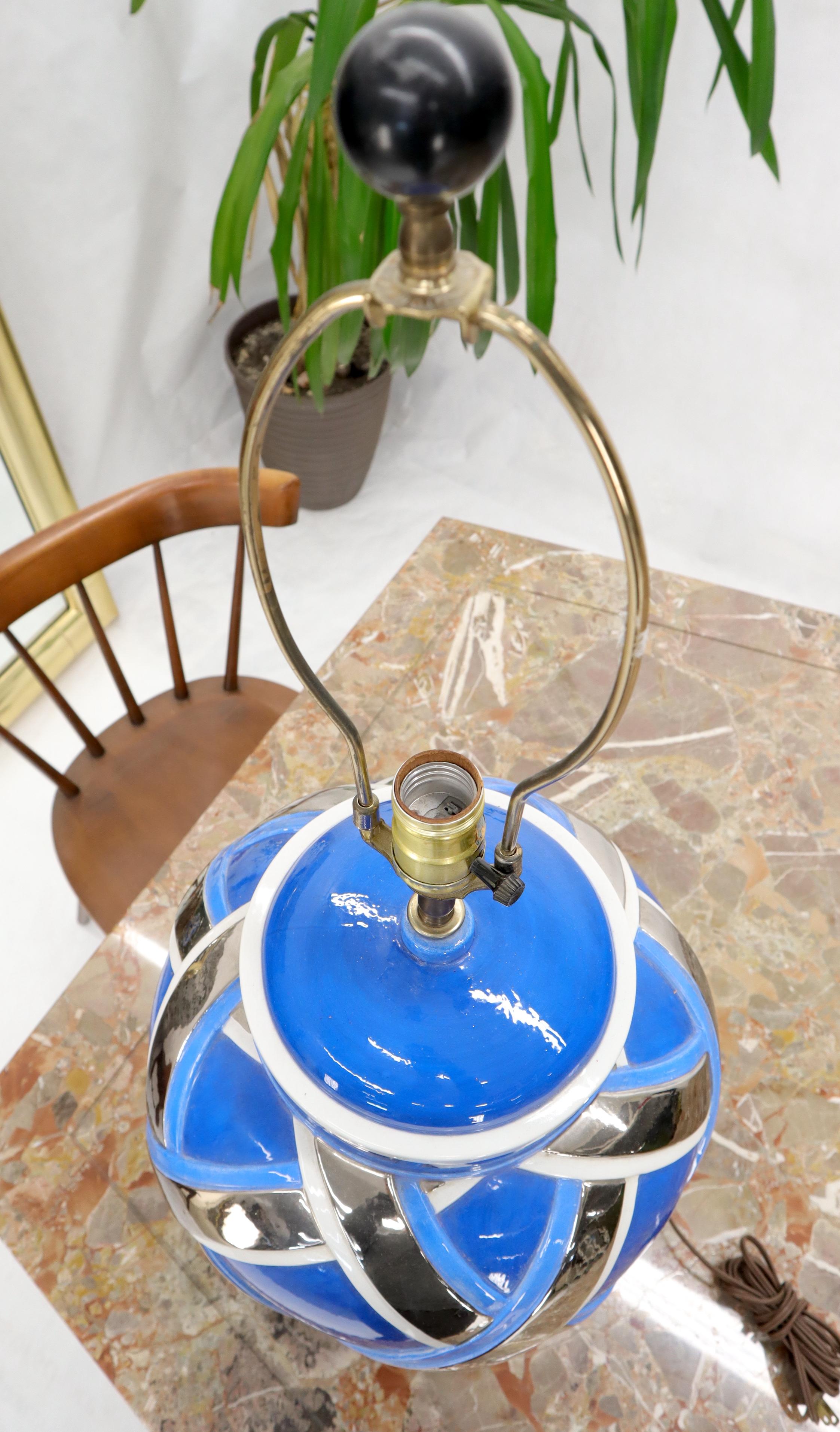 20th Century Mid-Century Modern Large Oversize Glazed Pottery Table lamp Blue and Chrome For Sale