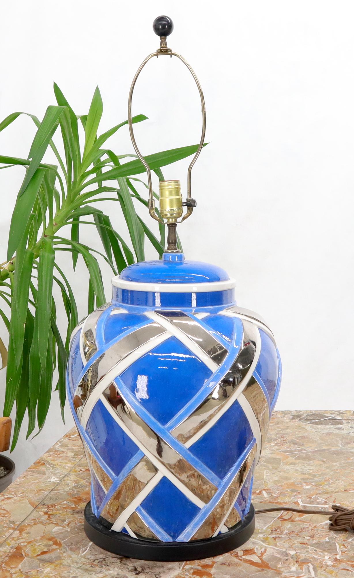 Mid-Century Modern Large Oversize Glazed Pottery Table lamp Blue and Chrome For Sale 1