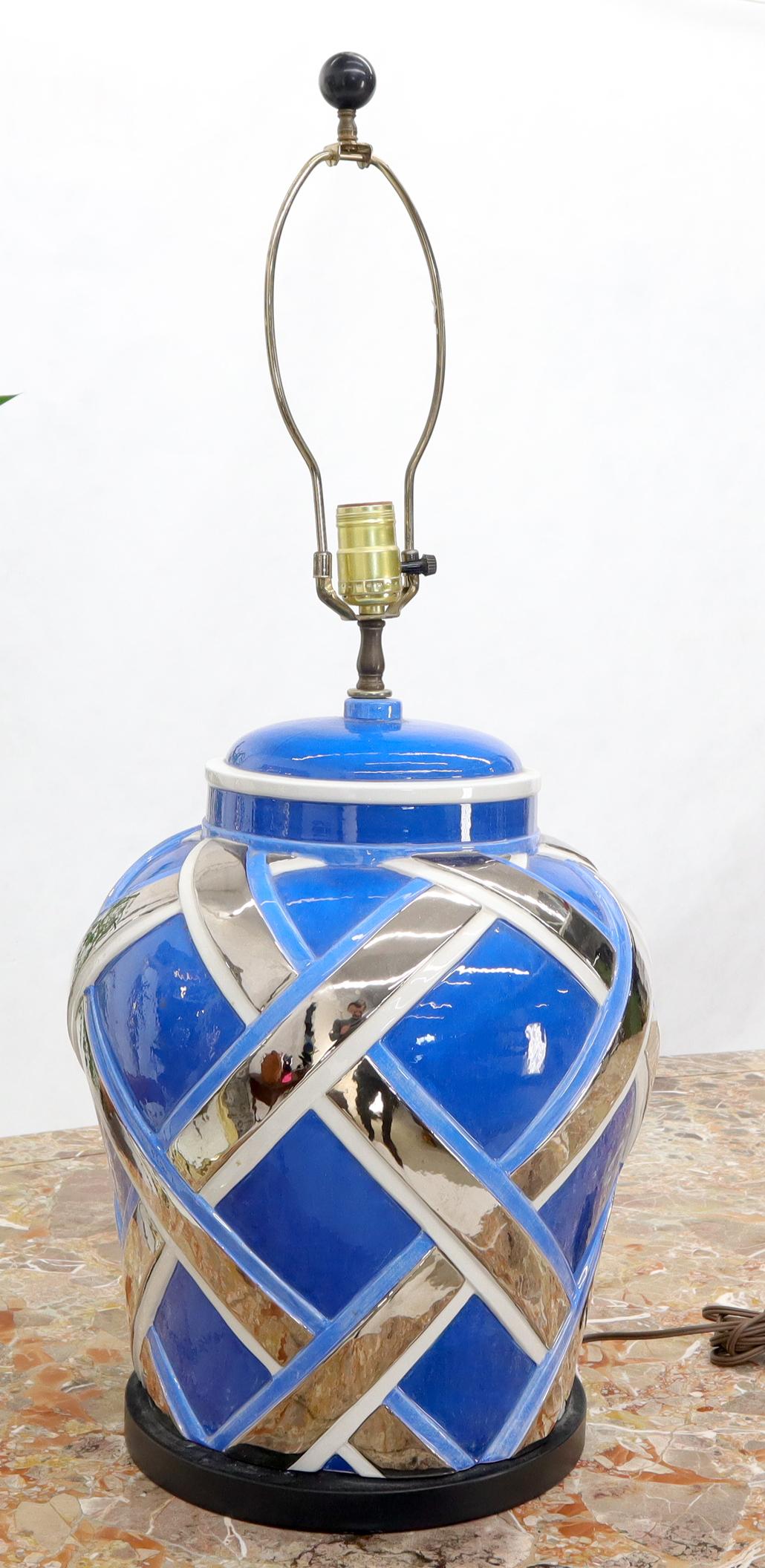 Mid-Century Modern Large Oversize Glazed Pottery Table lamp Blue and Chrome For Sale 2