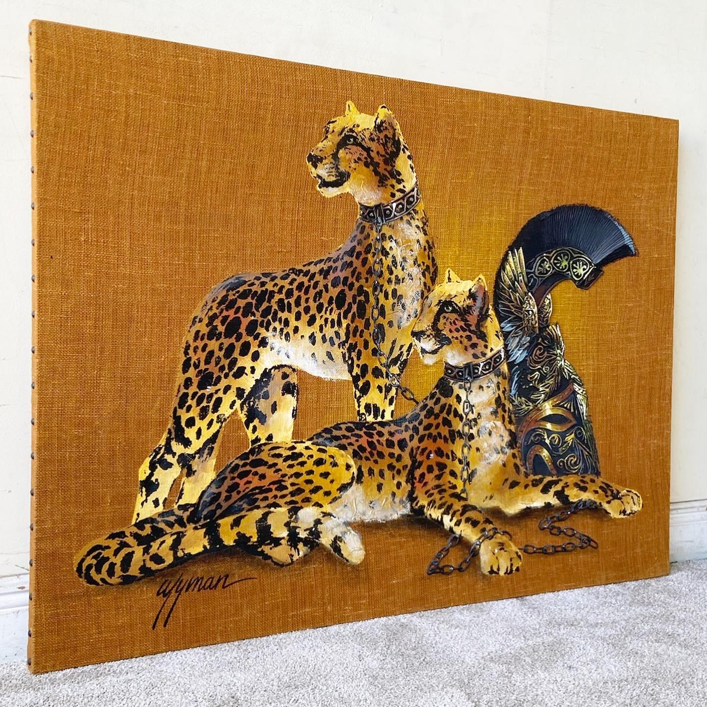 Mid-Century Modern Large Painting of Cheetahs on Burlap Signed Wyman 3
