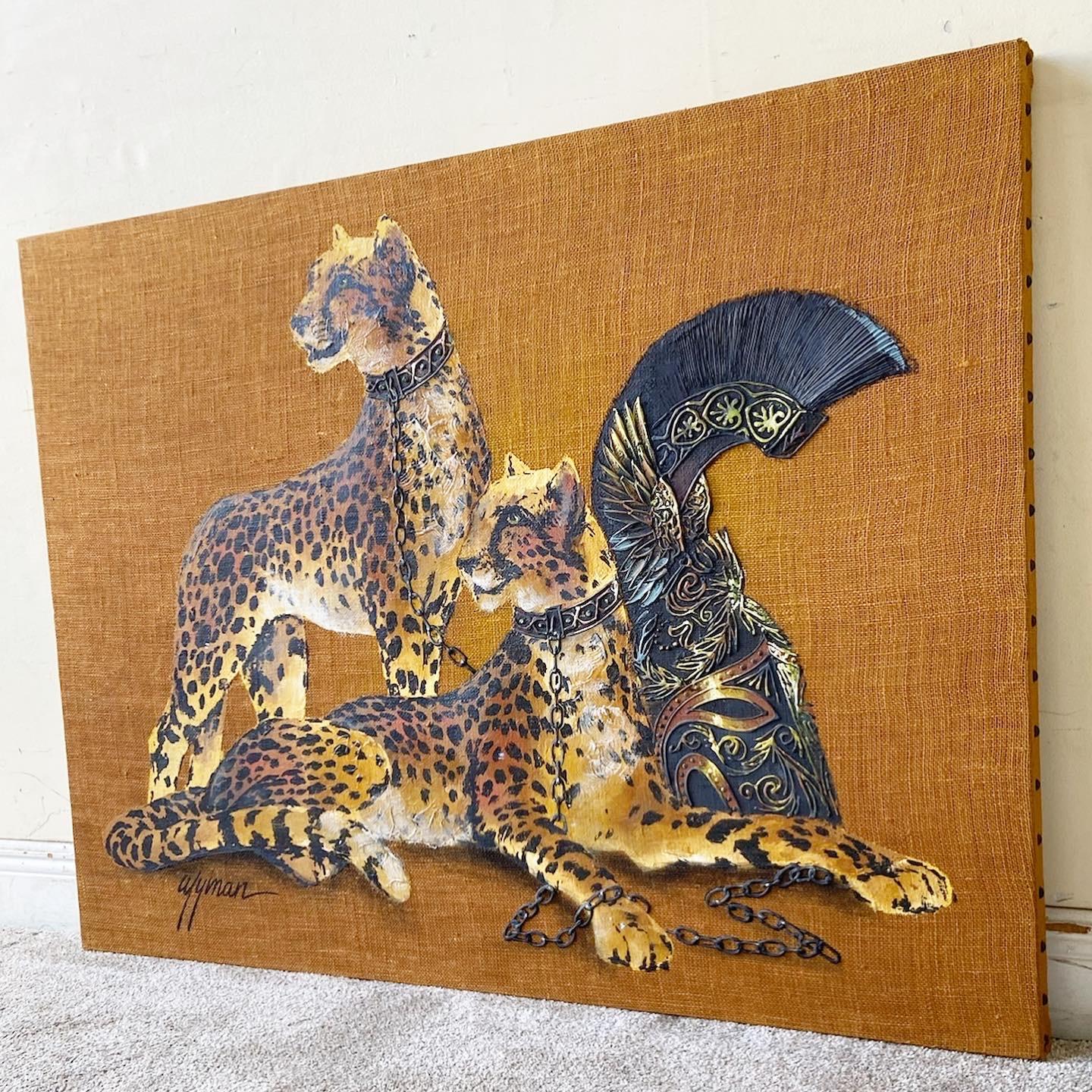 This unique vintage painting features two chained Cheetah's posing with a Roman helmet and is signed 