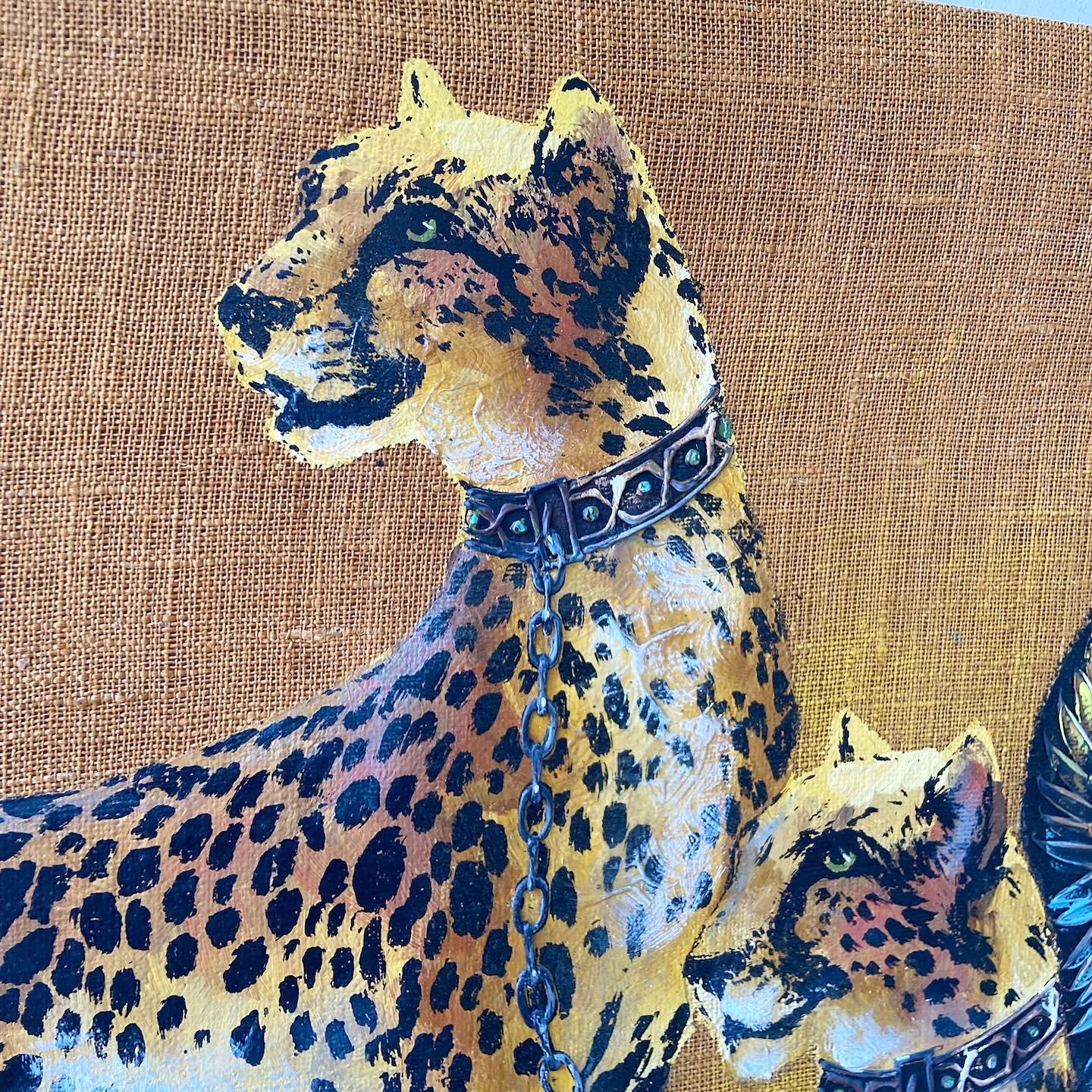 American Mid-Century Modern Large Painting of Cheetahs on Burlap Signed Wyman