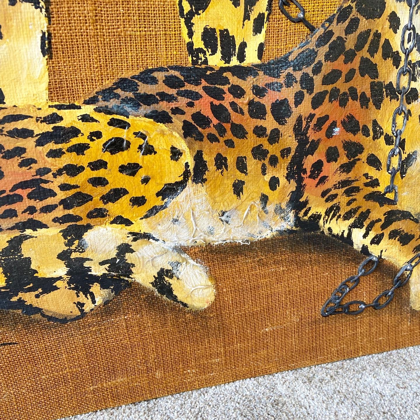 Mid-Century Modern Large Painting of Cheetahs on Burlap Signed Wyman In Good Condition In Delray Beach, FL