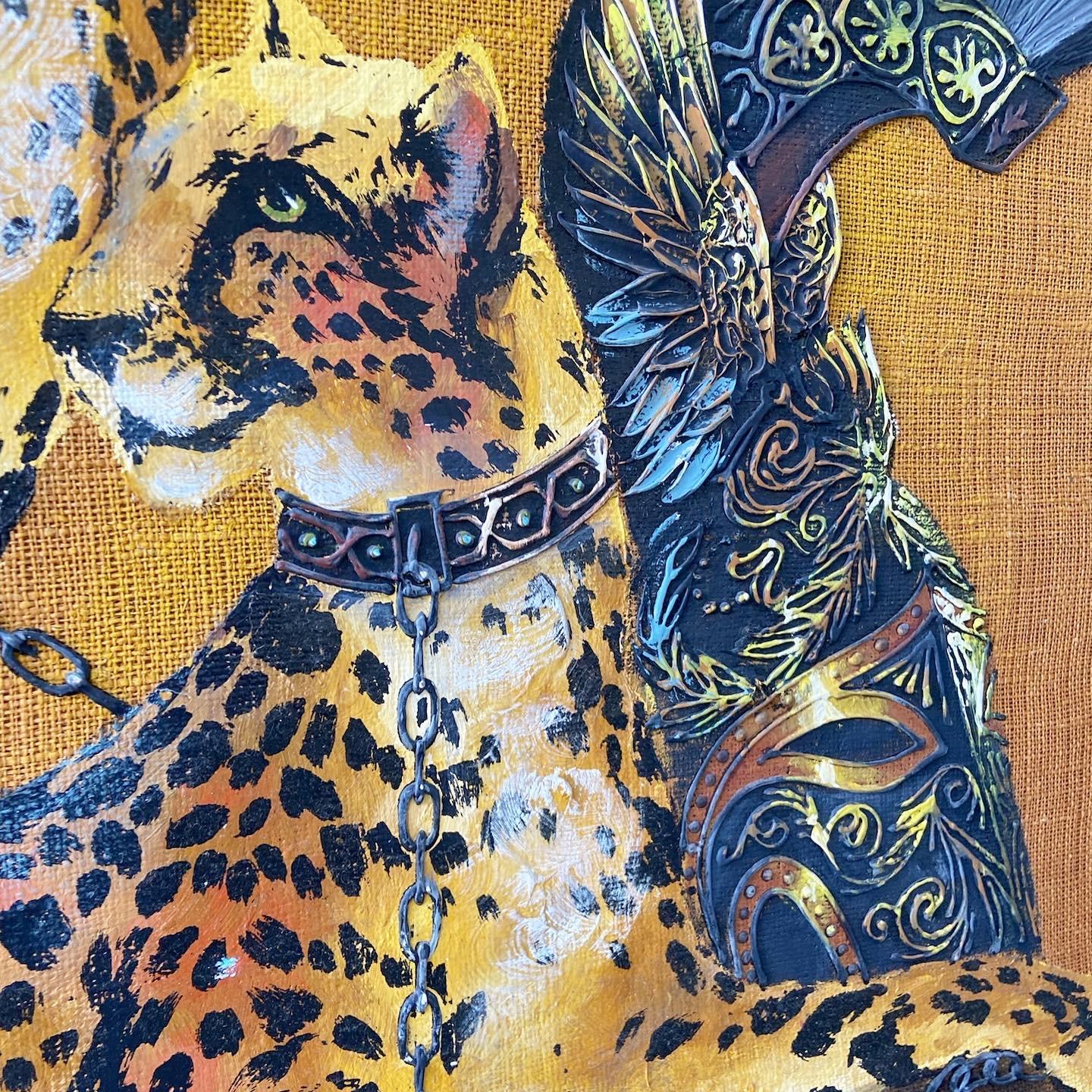 Late 20th Century Mid-Century Modern Large Painting of Cheetahs on Burlap Signed Wyman