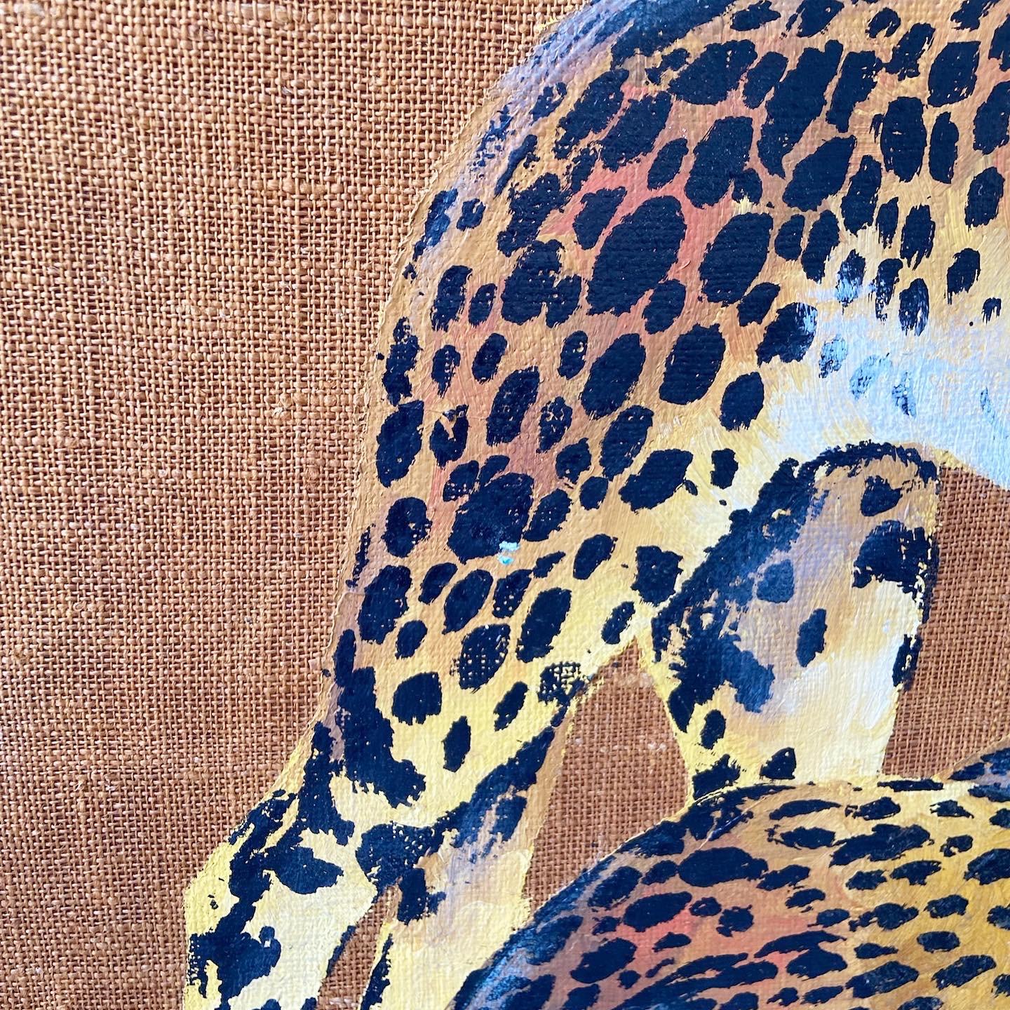 Metal Mid-Century Modern Large Painting of Cheetahs on Burlap Signed Wyman