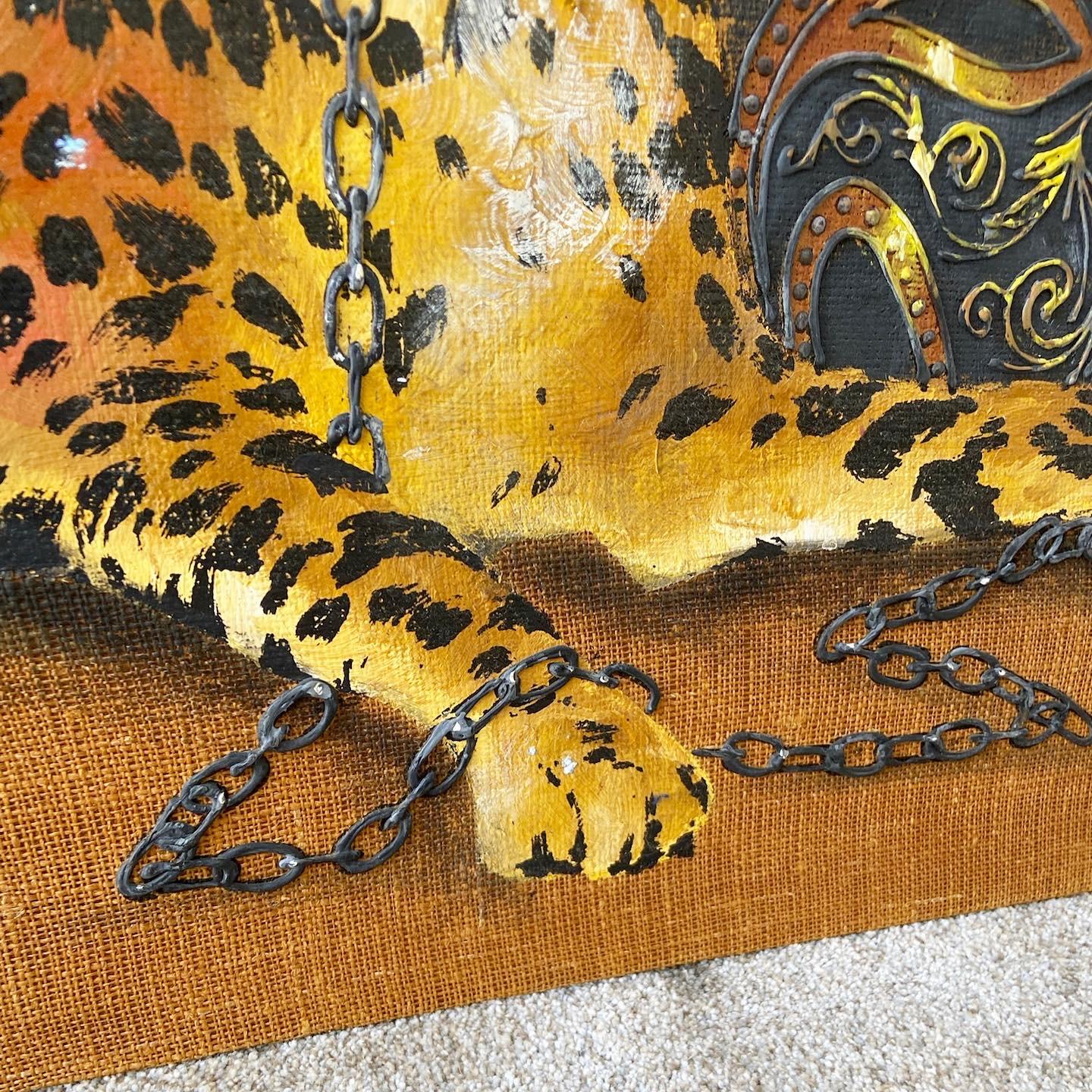 Mid-Century Modern Large Painting of Cheetahs on Burlap Signed Wyman 2