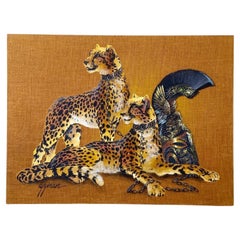 Retro Mid-Century Modern Large Painting of Cheetahs on Burlap Signed Wyman