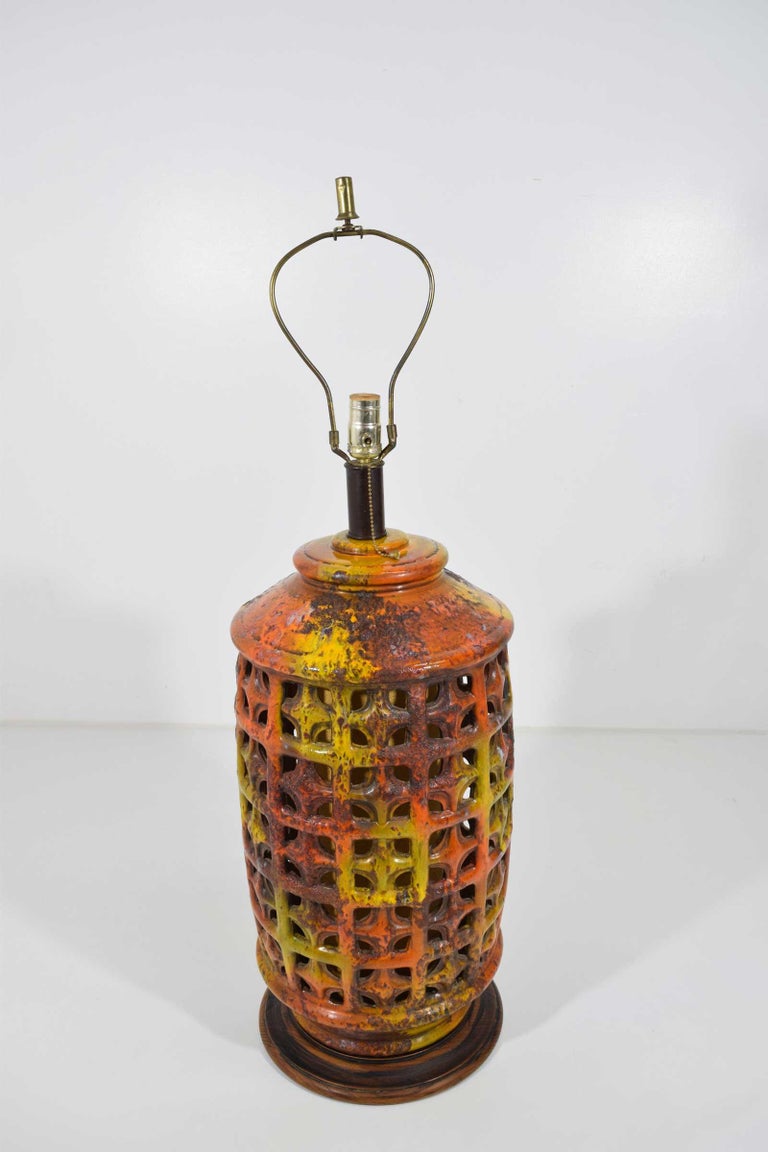 MidCentury Modern Large Pierced Ceramic Lamp in Ochre, Paprika, and Caramels For Sale at 1stDibs