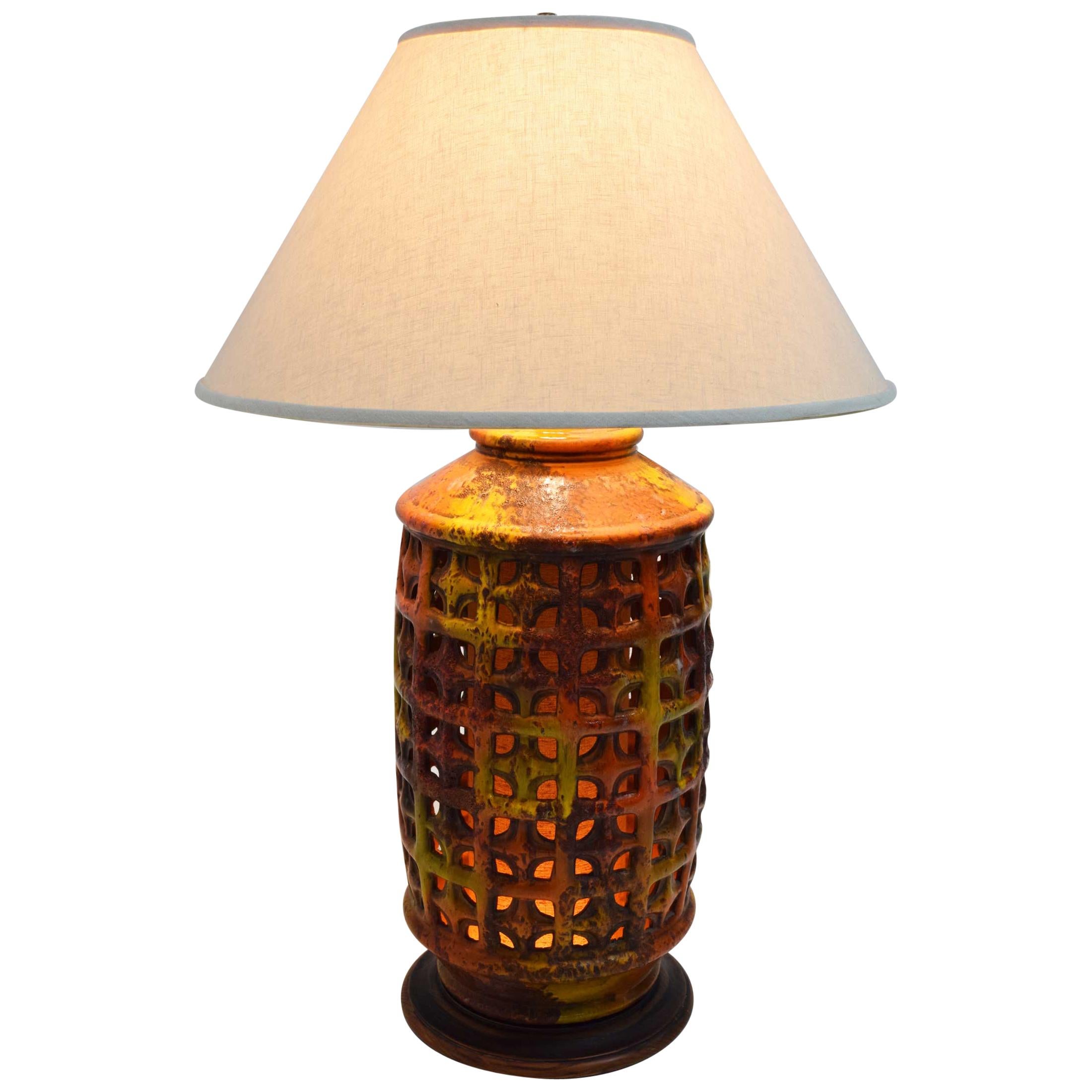 Mid-Century Modern Large Pierced Ceramic Lamp in Ochre, Paprika, and Caramels For Sale