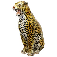 Vintage Mid-Century Modern Large Porcelain Leopard Floor Sculpture Statue, Italy, 1970s