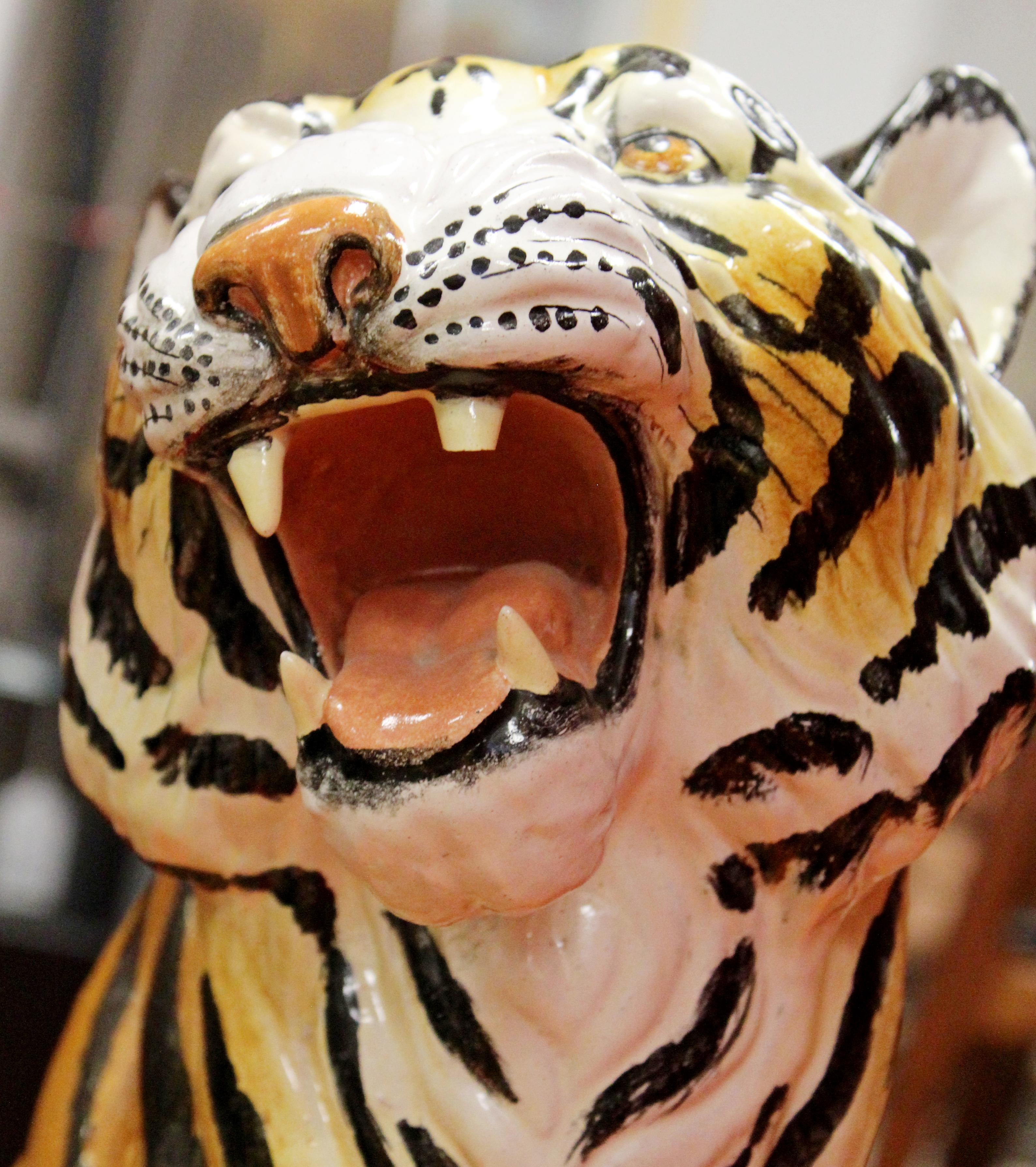Late 20th Century Mid-Century Modern Large Porcelain Roaring Tiger Floor Sculpture Statue, Italy