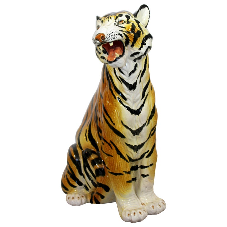 MidCentury Modern Large Porcelain Roaring Tiger Floor Sculpture Statue