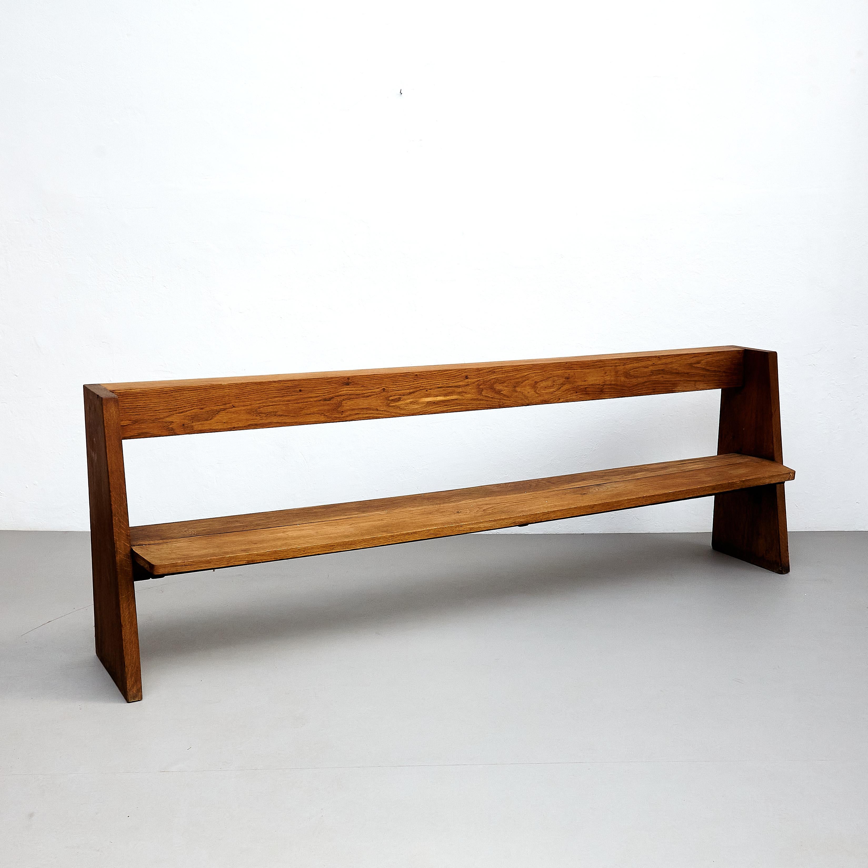 French Mid-Century Modern Large Rationalist Wood Bench, circa 1960 For Sale